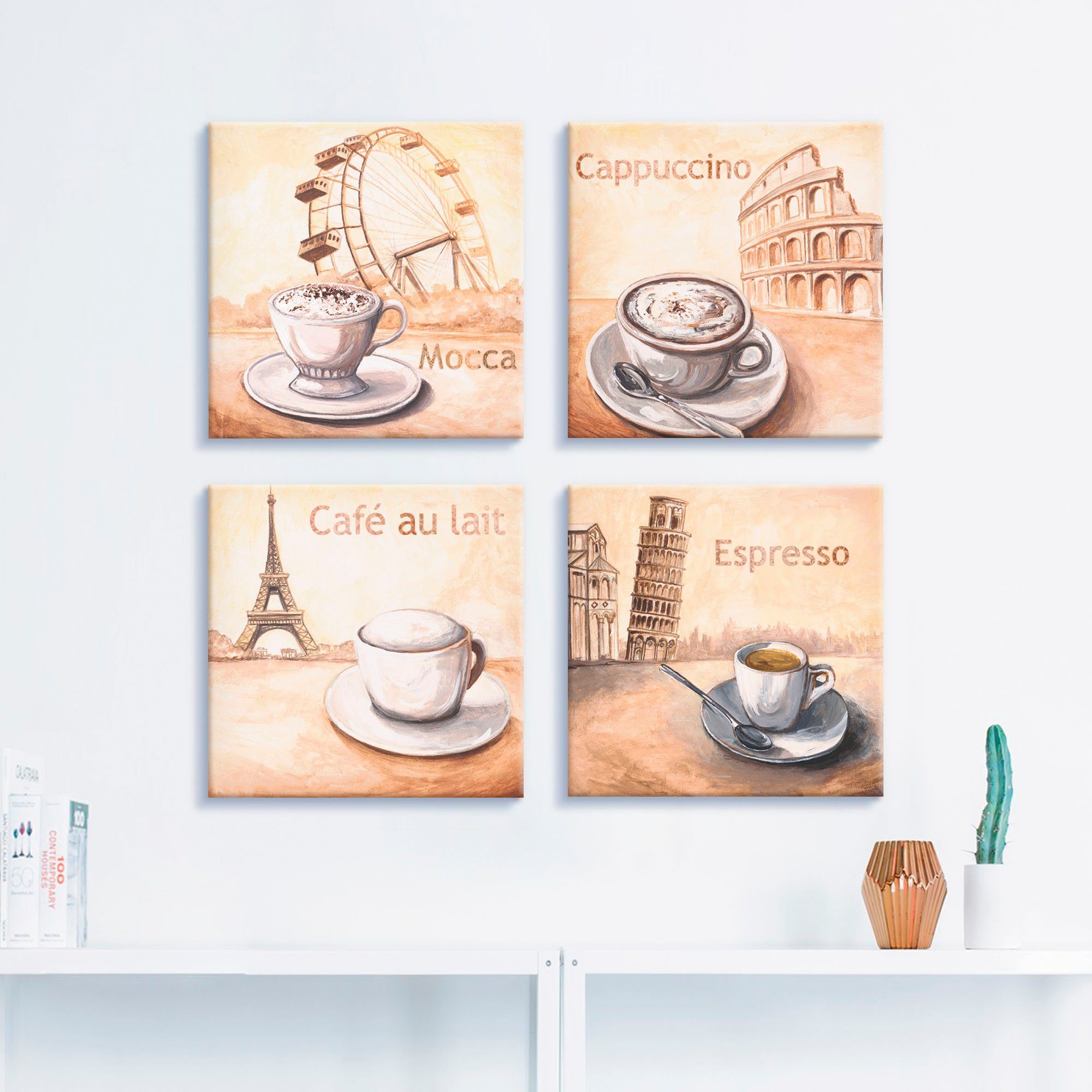 Café (4 Cappuccino Espresso, lait Artland Mocca verschiedene Größen Leinwandbild Getränke au Set, St), 4er