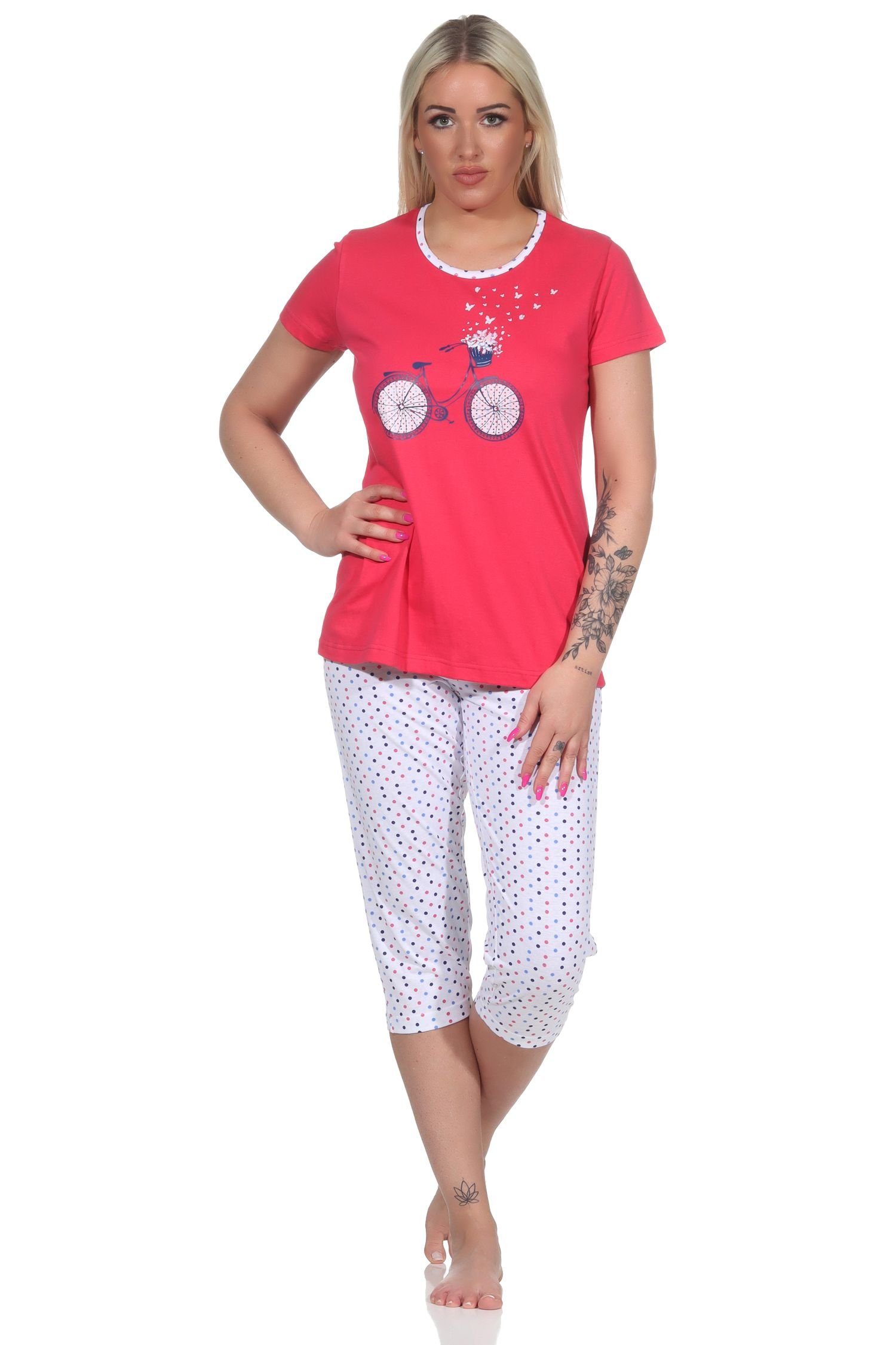 und mit Normann Front-Print Schlafanzug Pyjama rot Punkten Pyjama, Damen Capri