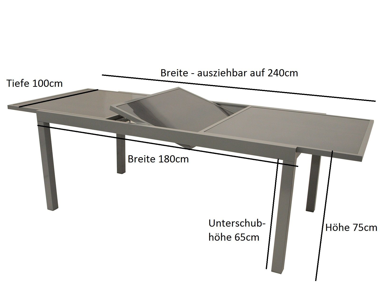 DEGAMO Gartentisch PISA (1-St), 180x100cm, ausziehbar auf 240cm, Aluminium grau, Glas dunkelgrau