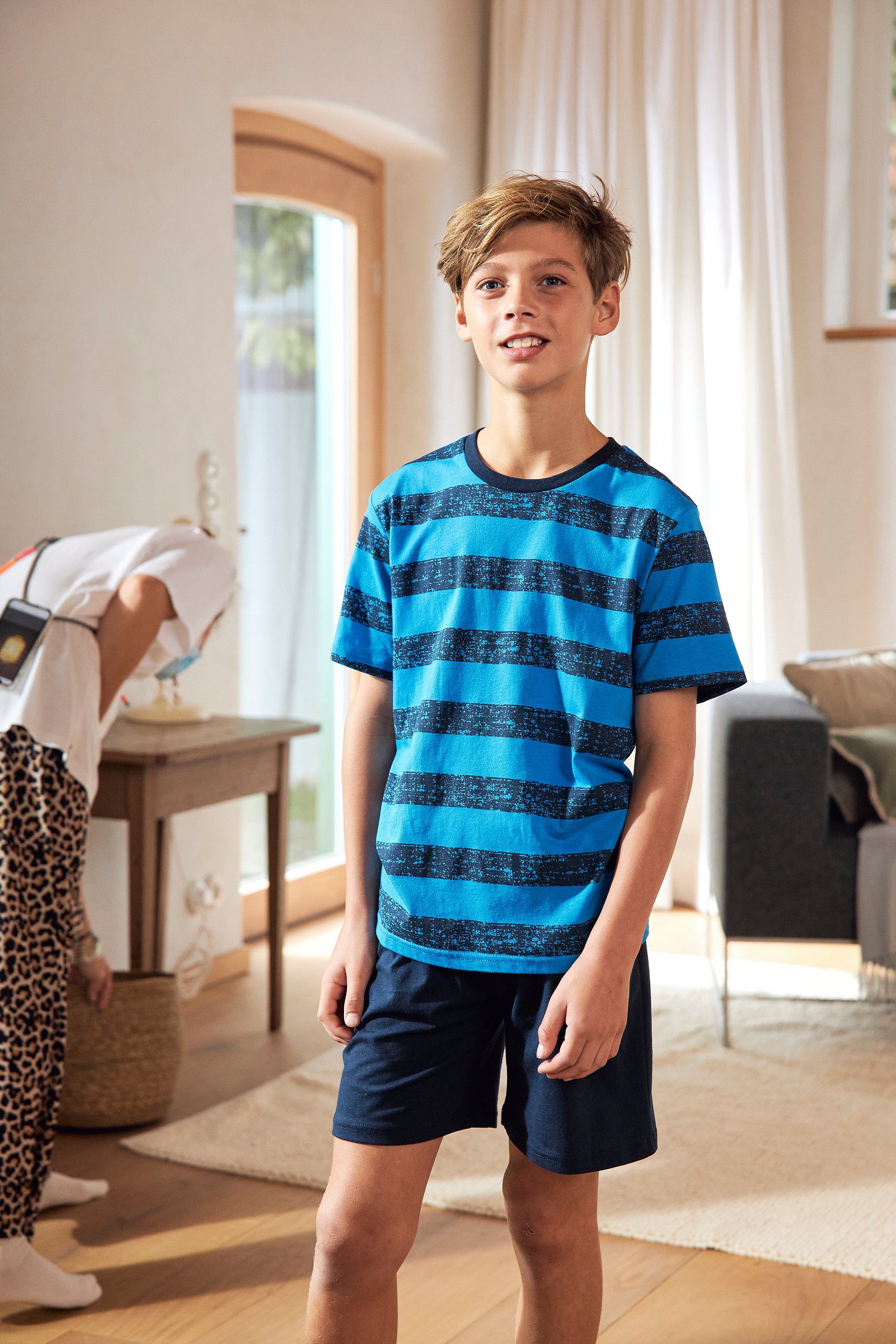 AUTHENTIC LE JOGGER Pyjama (4 tlg., 2 Stück) mit lässigem Druck und gedruckten Streifen