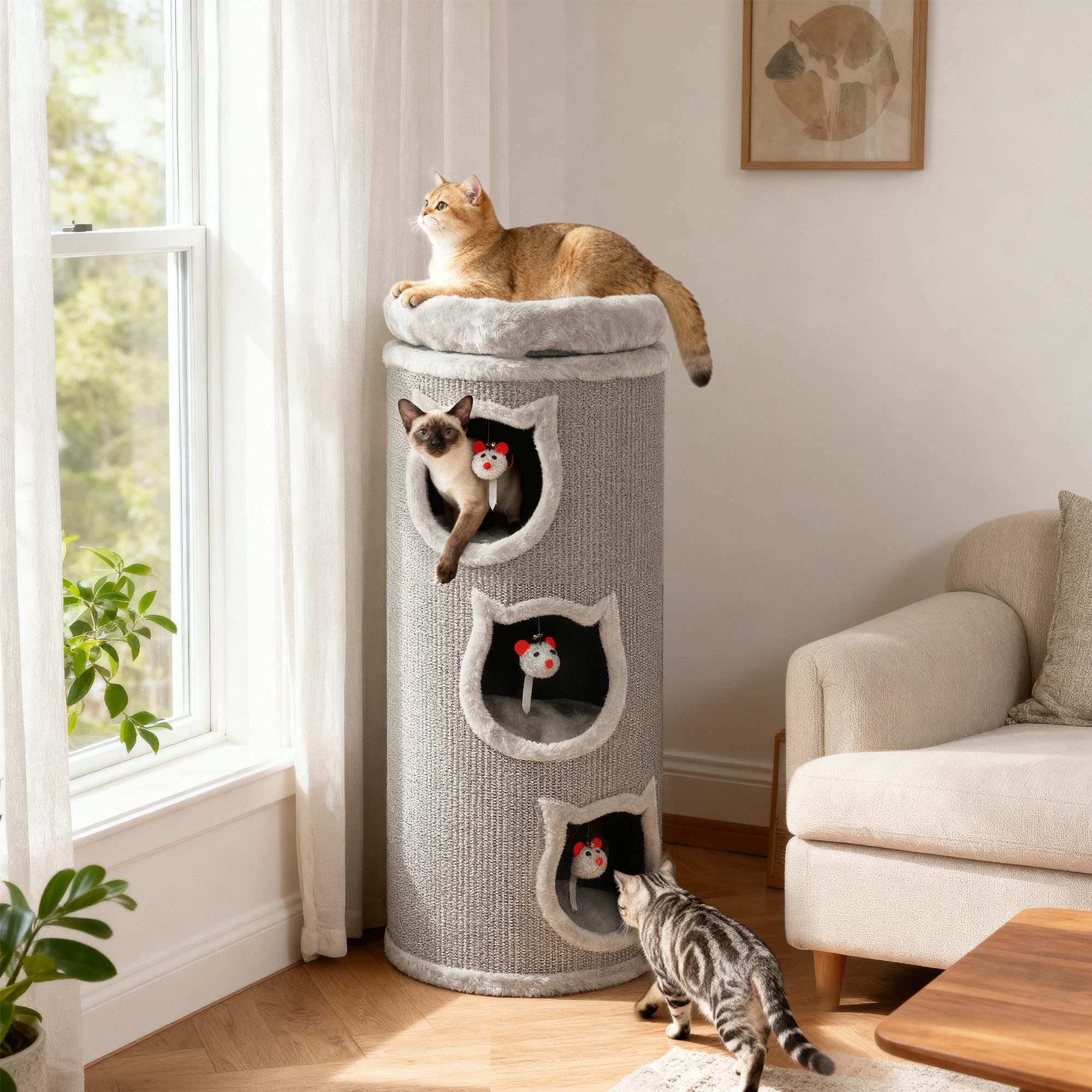 PawHut Kratztonne Kratztonne mit Plüschrand, abnehmbarem Plüschbett, Kratzbaum, (Katzenturm, 1-tlg., Katzentoilette mit Sisalseil, 3 Höhlen), mit 3 Spielzeugen, Grau