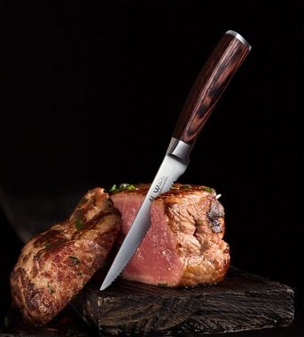 Wakoli Steakmesser EDIB 4er Damast Steakmesser I 12,5cm Klinge I Holzbox I Pakkaholzgriff