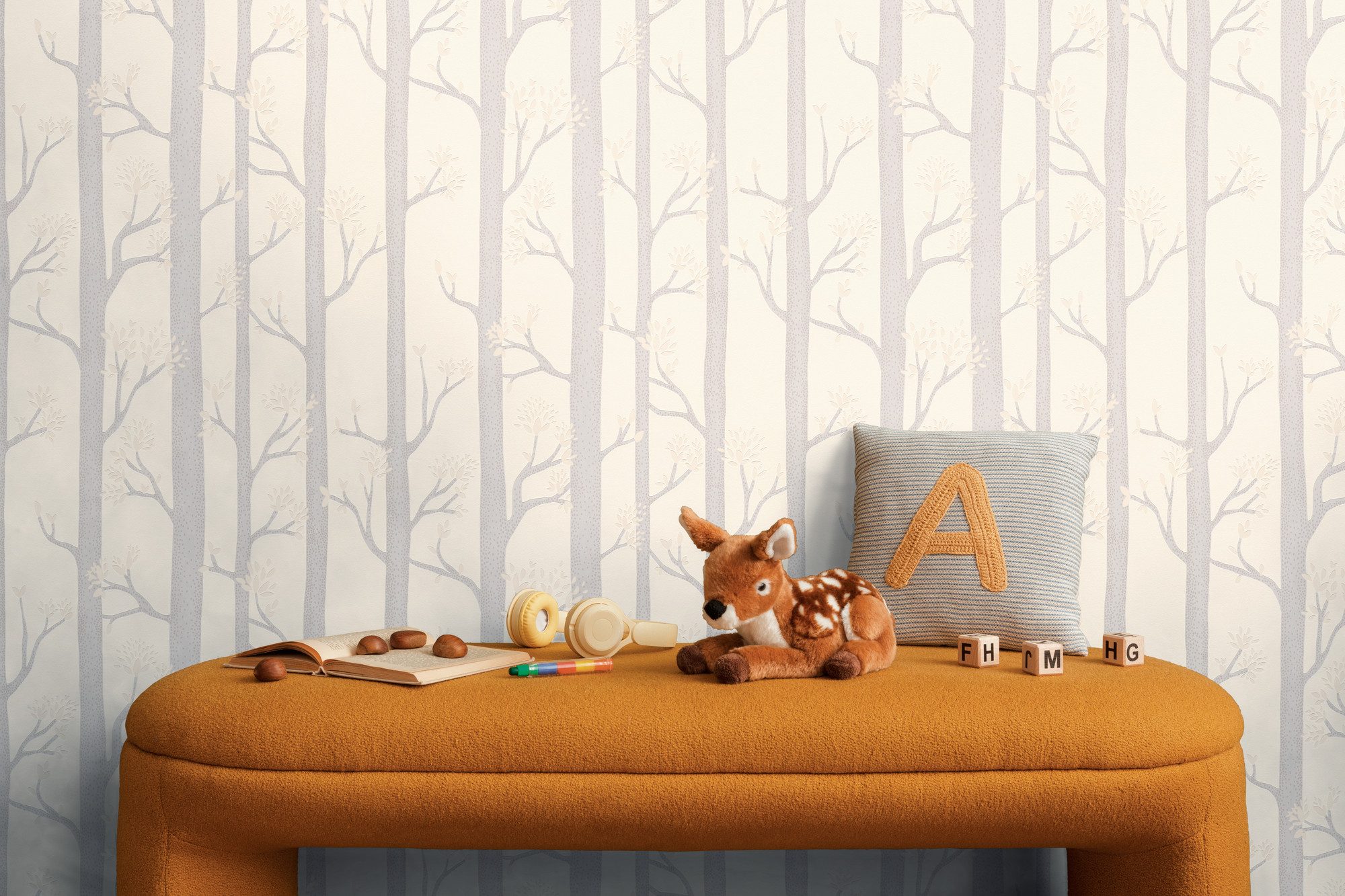 living walls Vliestapete Kids Studio Wald – Baum Vliestapete für Kinder, glatt, leicht glänzend, Wald, grafisch, Stilisiertes Waldmotiv mit Bäumen, Zweigen und feinen Blättern