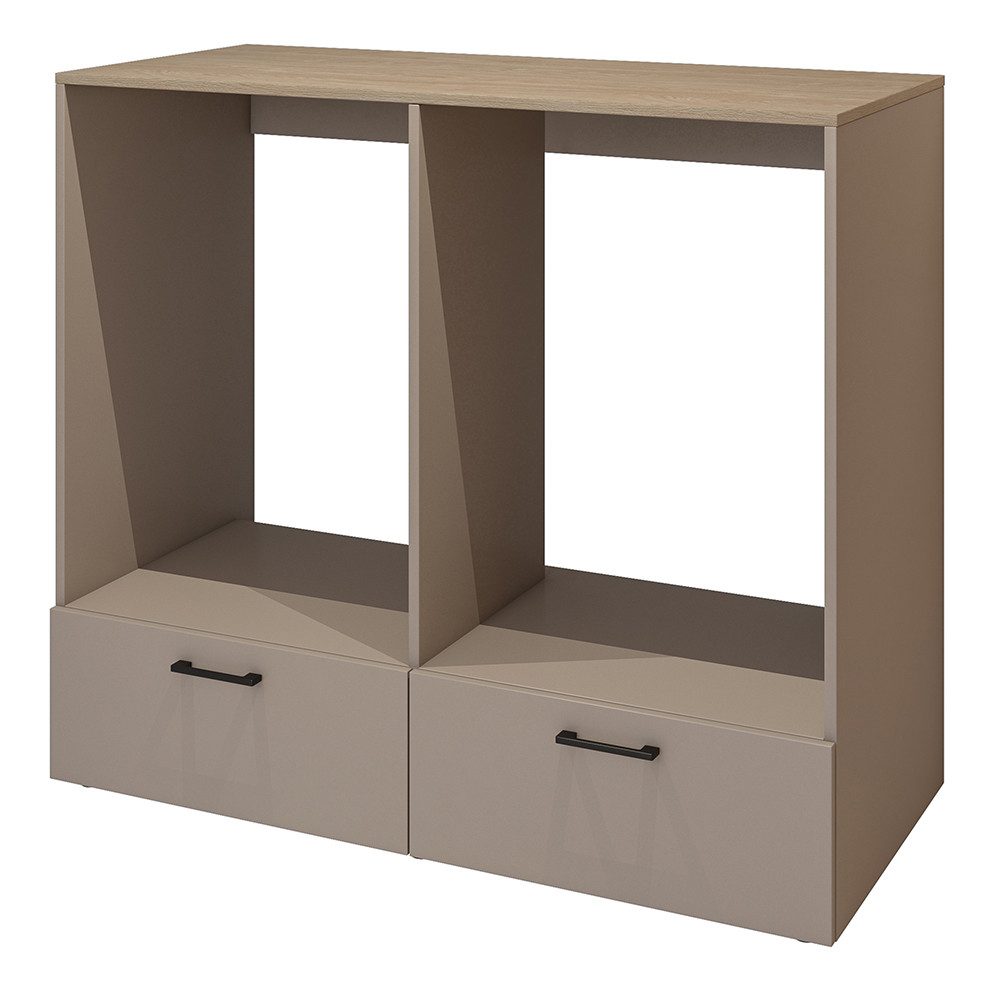 Lomadox Umbauschrank RISAN-83 beige greige Eiche Dekor 132 cm breit modern Metallgriffe Schubladen