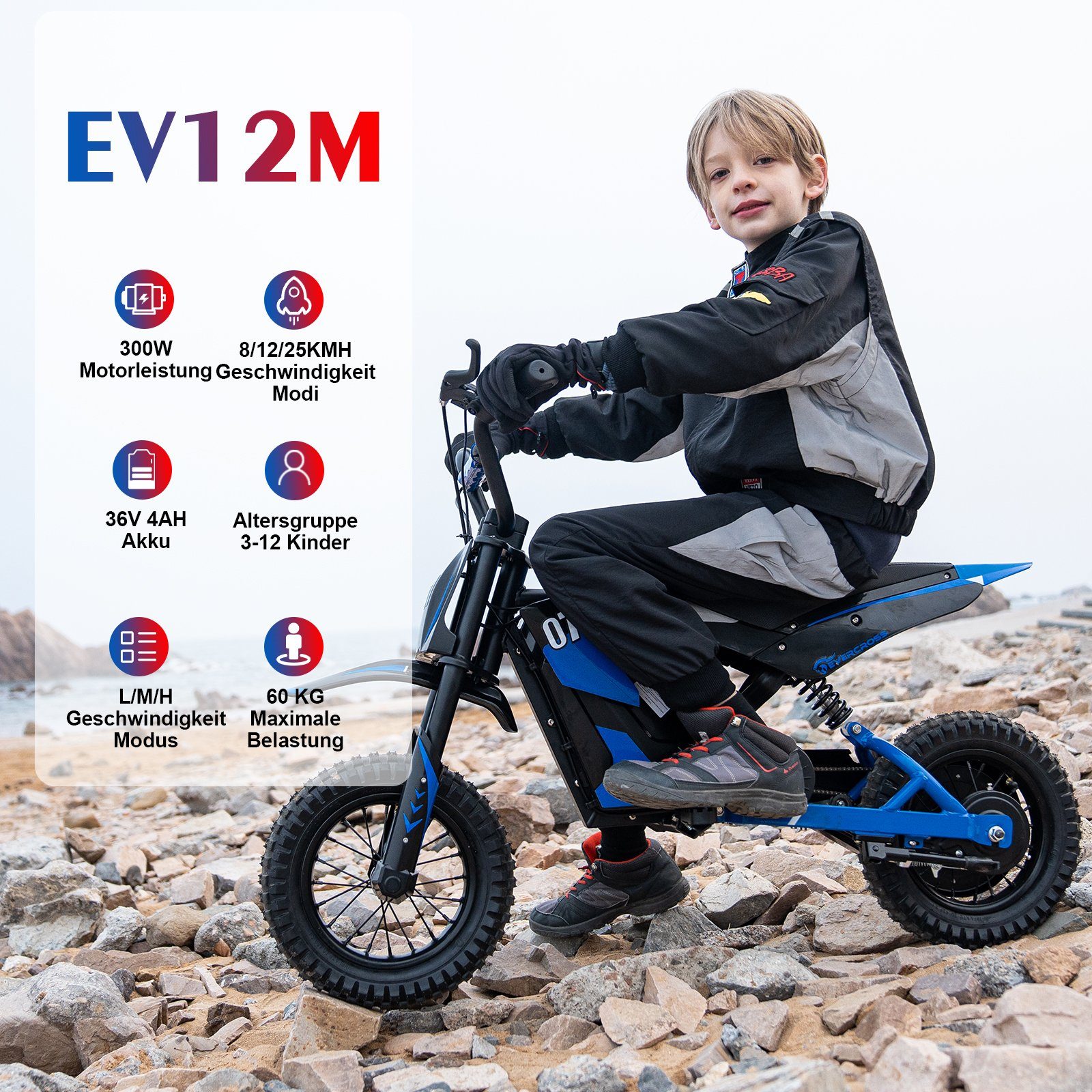 EV12M blau 12 Kinder Lange Luftreifen, KMH, Zoll Reichweite, Elektro-Kindermotorrad für Elektro Motorrad Evercross Kinder Motor 15KM 8/12/25 300W mit Elektromotorrad