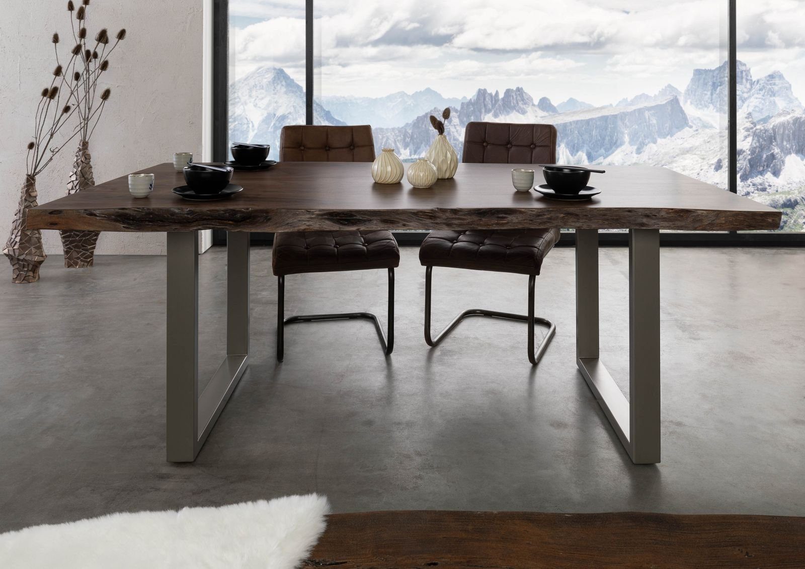 Massivmoebel24 Baumkantentisch FREEFORM (Massivholz, Massivholztisch), Baumtisch Akazie 160x90x77 grau / U-Beine silber FREEFORM 5