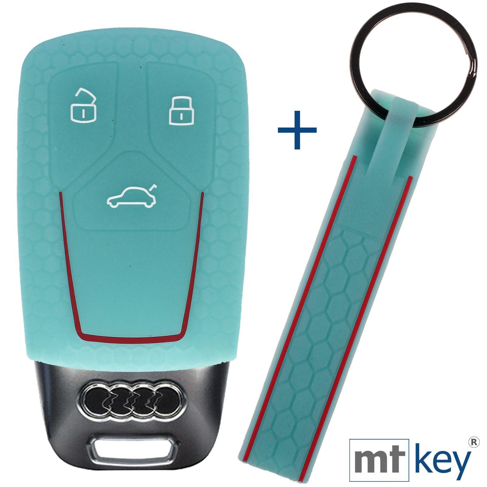 mt-key Schlüsseltasche Autoschlüssel Silikon Schutzhülle Wabe Design Glowblue + Schlüsselband, für Audi A4 A5 A6 A7 TT Q2 Q5 Q7 A8 Q8 3 Tasten KEYLESS SMARTKEY Fluoreszierend Blau