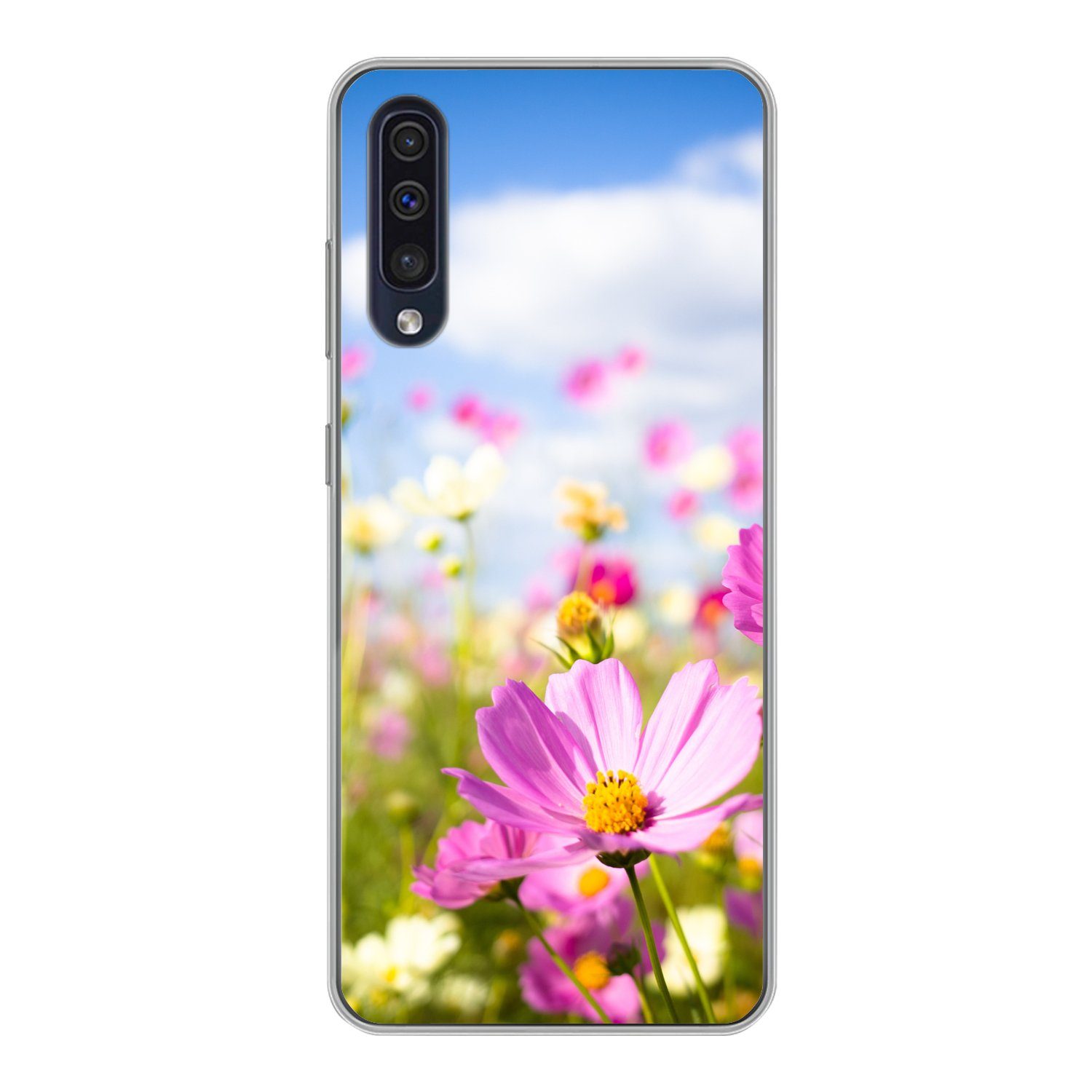 MuchoWow Handyhülle für Samsung Galaxy A30s Blumen - Wiese - Lila - Gras - Weiß - Wolken -, Smartphone-Bumper, Print, Handy Schutzhülle Dünn