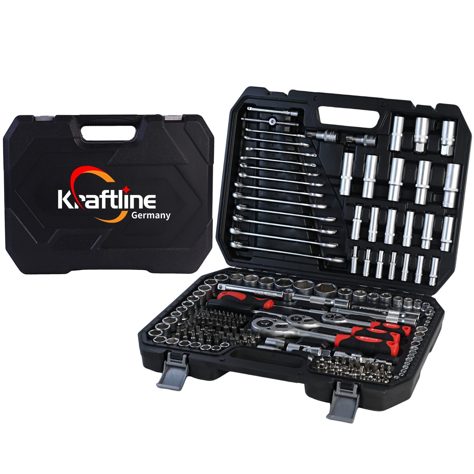 Kraftline Werkzeugset gefüllter Werkzeugkasten Toolbox, Universal Werkzeuge Werkzeug-Set, (Werkzeugkoffer, Steckschlüssel, Bits, Verlängerungen & Ratschenschlüssel), Steckschlüssel, Bits, Verlängerungen & Ratschenschlüssel