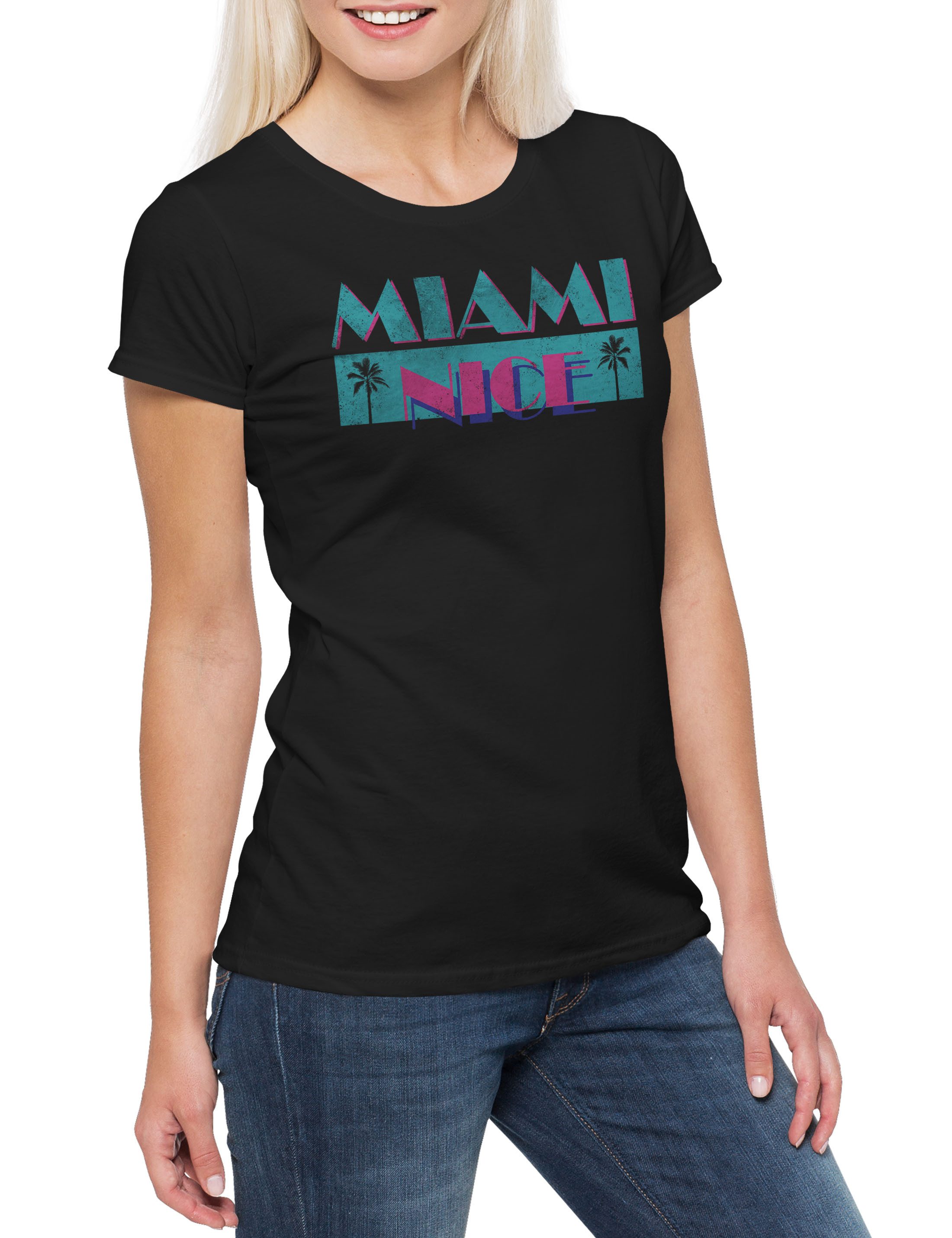 Urban Backwoods Print-Shirt Miami Nice Damen T-Shirt USA Florida Holidays Beach Strand Meer USA (1-tlg) Serie Vice Sun Palmen