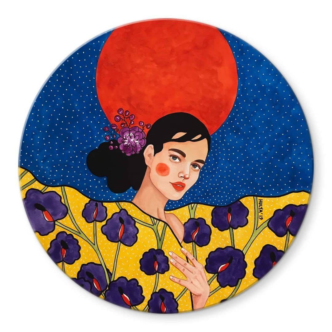 K&L Wall Art Glasbild Glas Wandbild Rund Glasbild Pop Kunst Hülya Vergeude Nacht, Wandschutz Deko Bilder