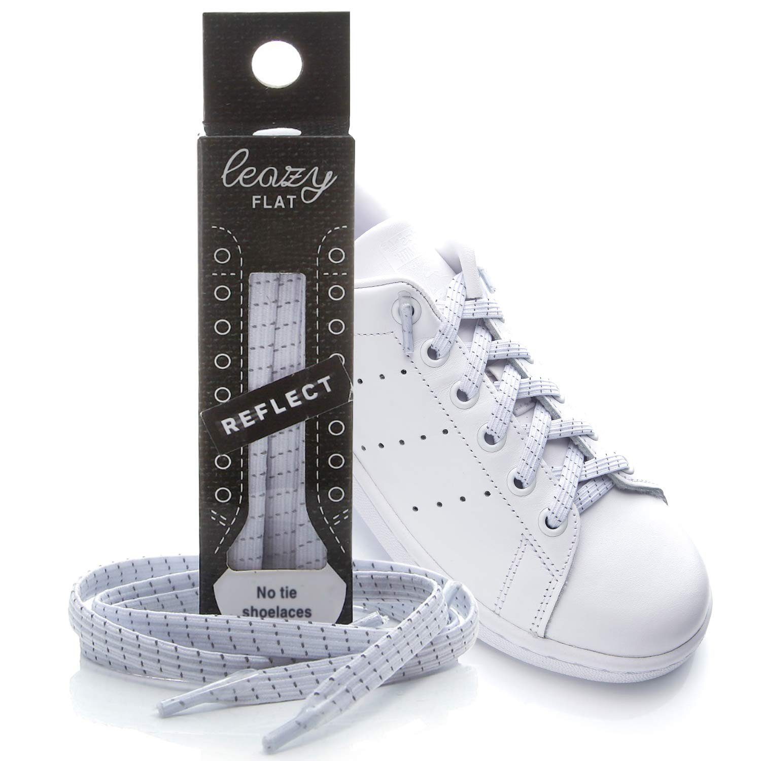 leazy Schnürsenkel Elastisch Flach, Patentierte, Elastische Schnürbänder zum Einhaken Ohne Binden Weiß Reflect