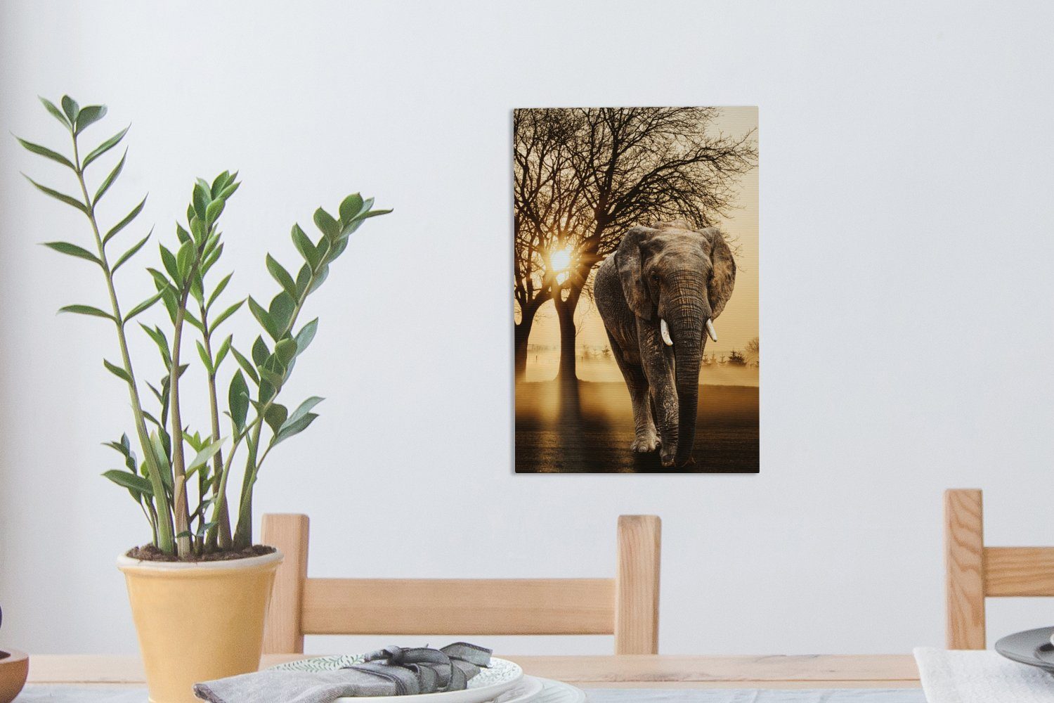 bespannt OneMillionCanvasses® St), 20x30 - Elefant inkl. (1 Gemälde, Sonne, Baum cm fertig - Leinwandbild Leinwandbild Zackenaufhänger,
