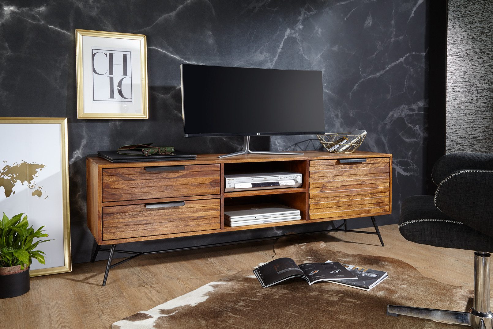 furnicato Lowboard Massivholz Walnuss Finish 160x40x54cm Braun Schwarz (1 St), Stabile TV-Unterlage mit Schubladen und Ablage für dein Wohnzimmer