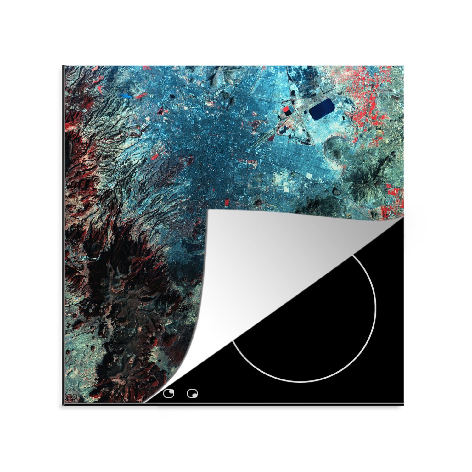 MuchoWow Herdblende-/Abdeckplatte Satellitenfoto einer blau gefärbten mexikanischen Stadt, Vinyl, (1 tlg), 78x78 cm, Ceranfeldabdeckung, Arbeitsplatte für küche