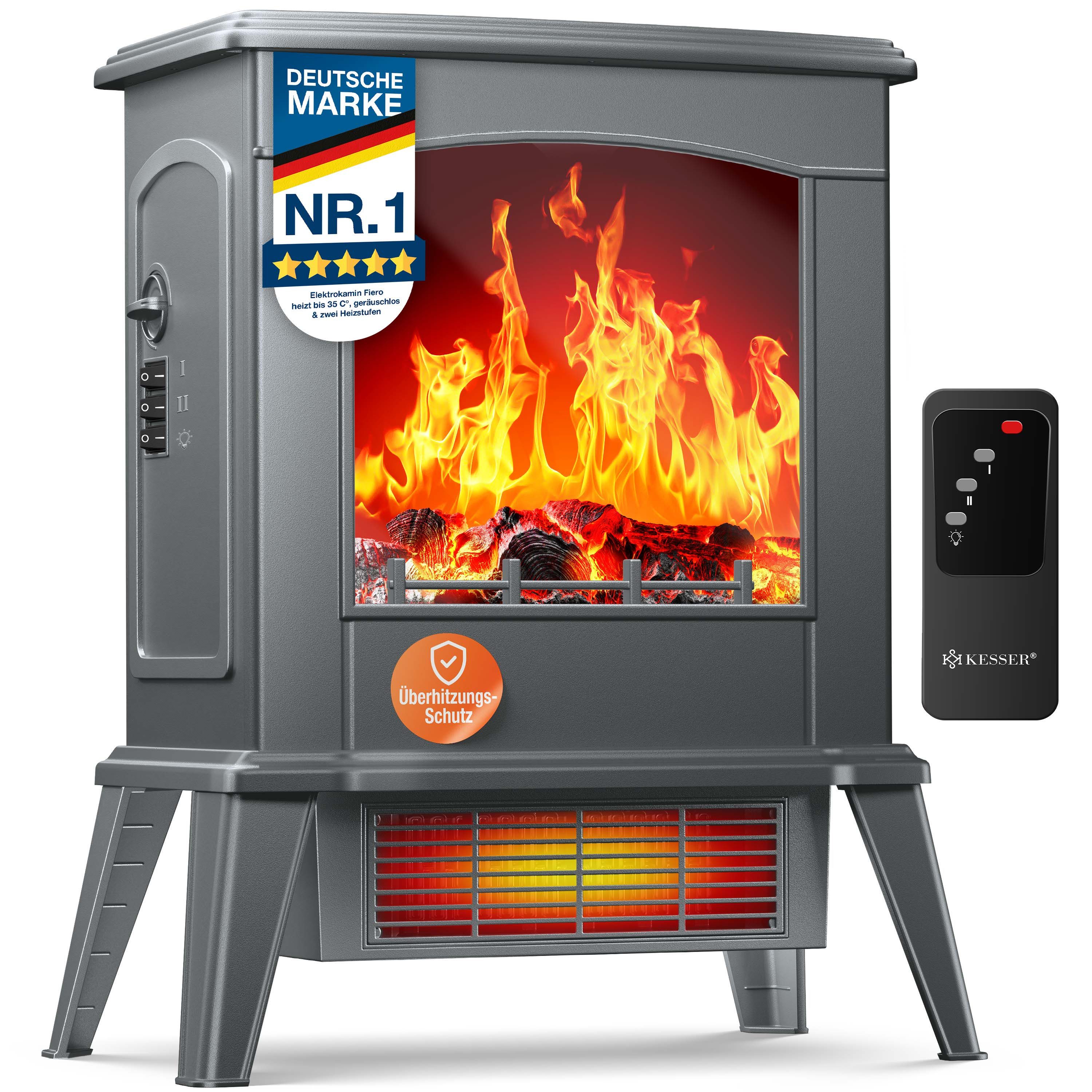 KESSER Elektrokamin mit integrierter Heizfunktion, zwei Heizstufen 1000W / 2000W, mit realistischem LED 3D Feuer- & Flammen Effekt