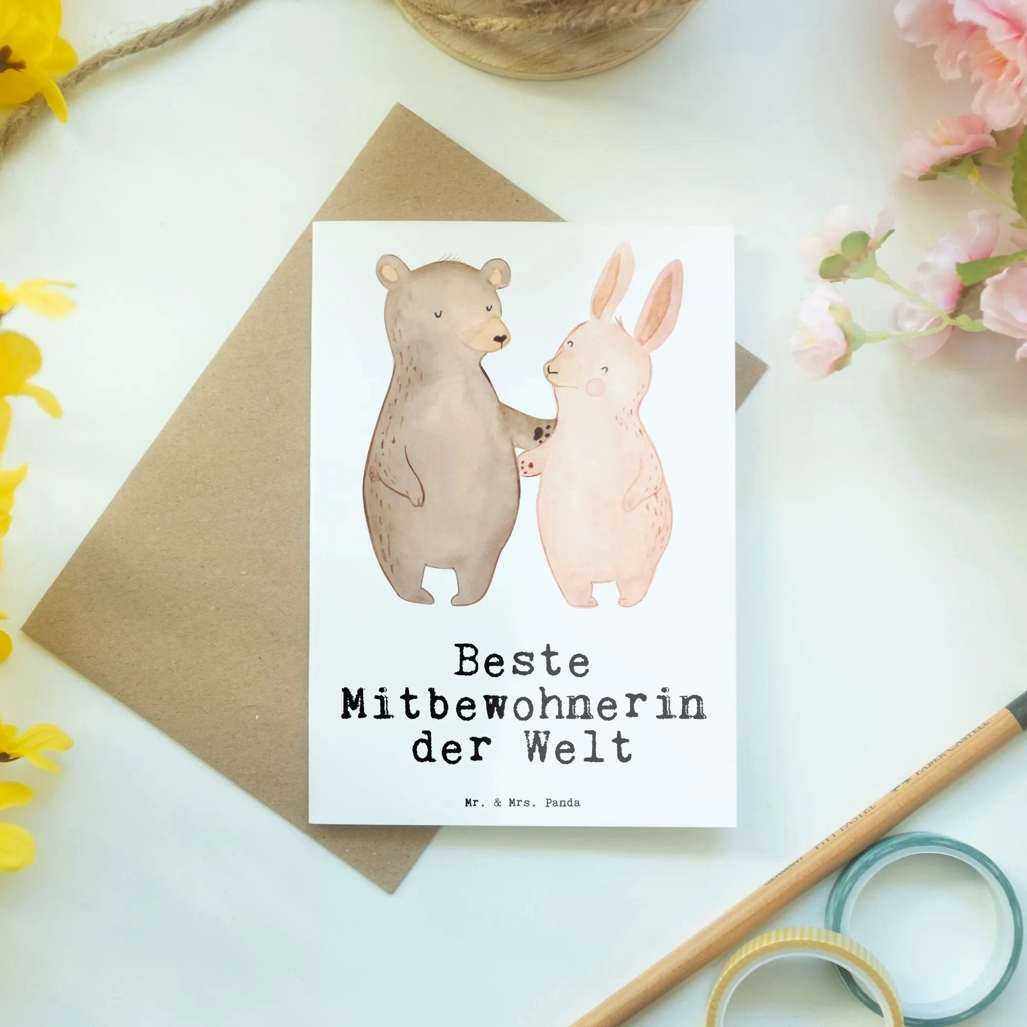 Thumbnail - Mr. & Mrs. Panda Grußkarte Hase Beste Mitbewohnerin der Welt - Weiß - Geschenk, Karte, Wohngemei, Edler Umschlag