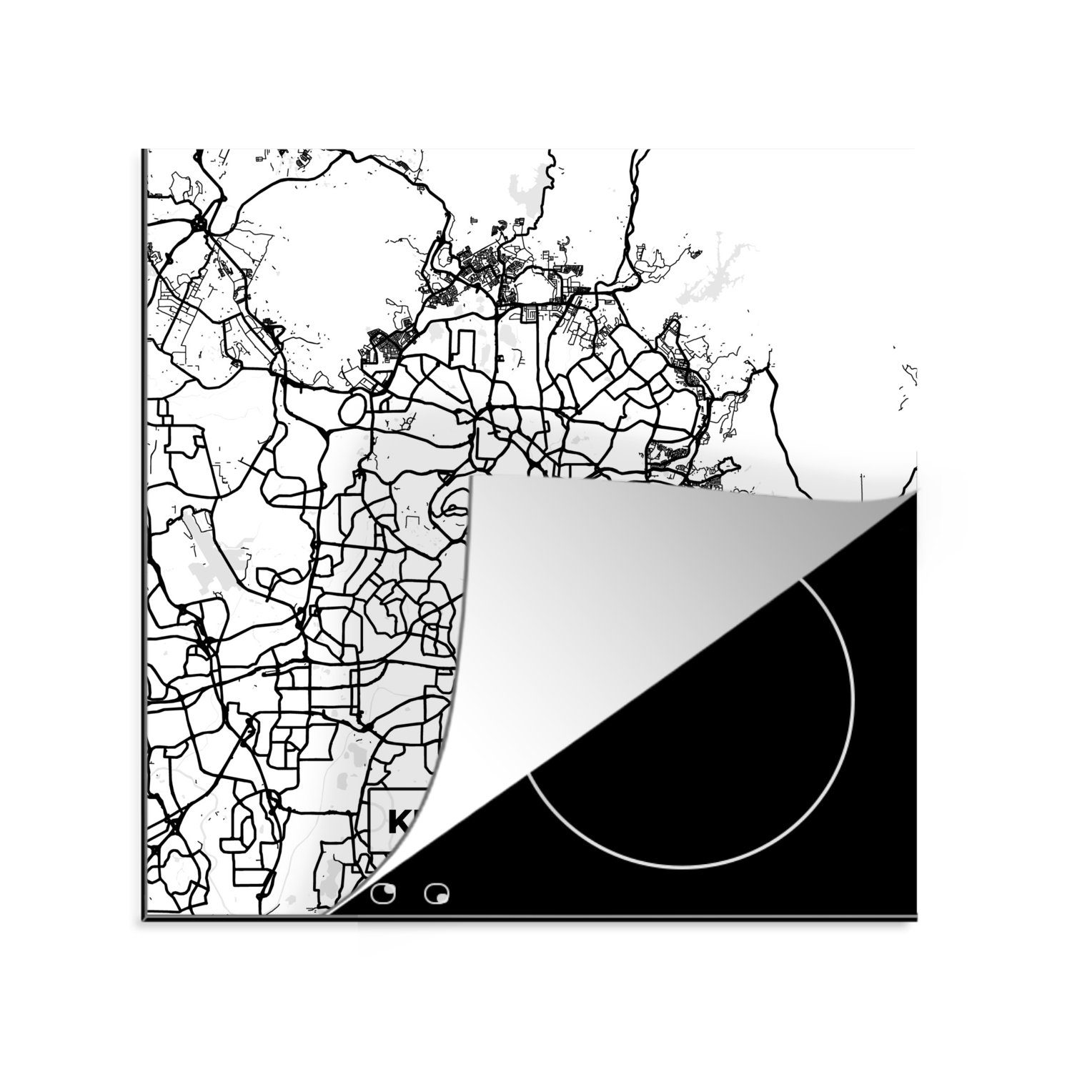 MuchoWow Herdblende-/Abdeckplatte Karte - Kuala und - Lumpur Schwarz Arbeitsplatte - cm, Ceranfeldabdeckung, (1 78x78 weiß, für tlg), Stadtplan küche Vinyl