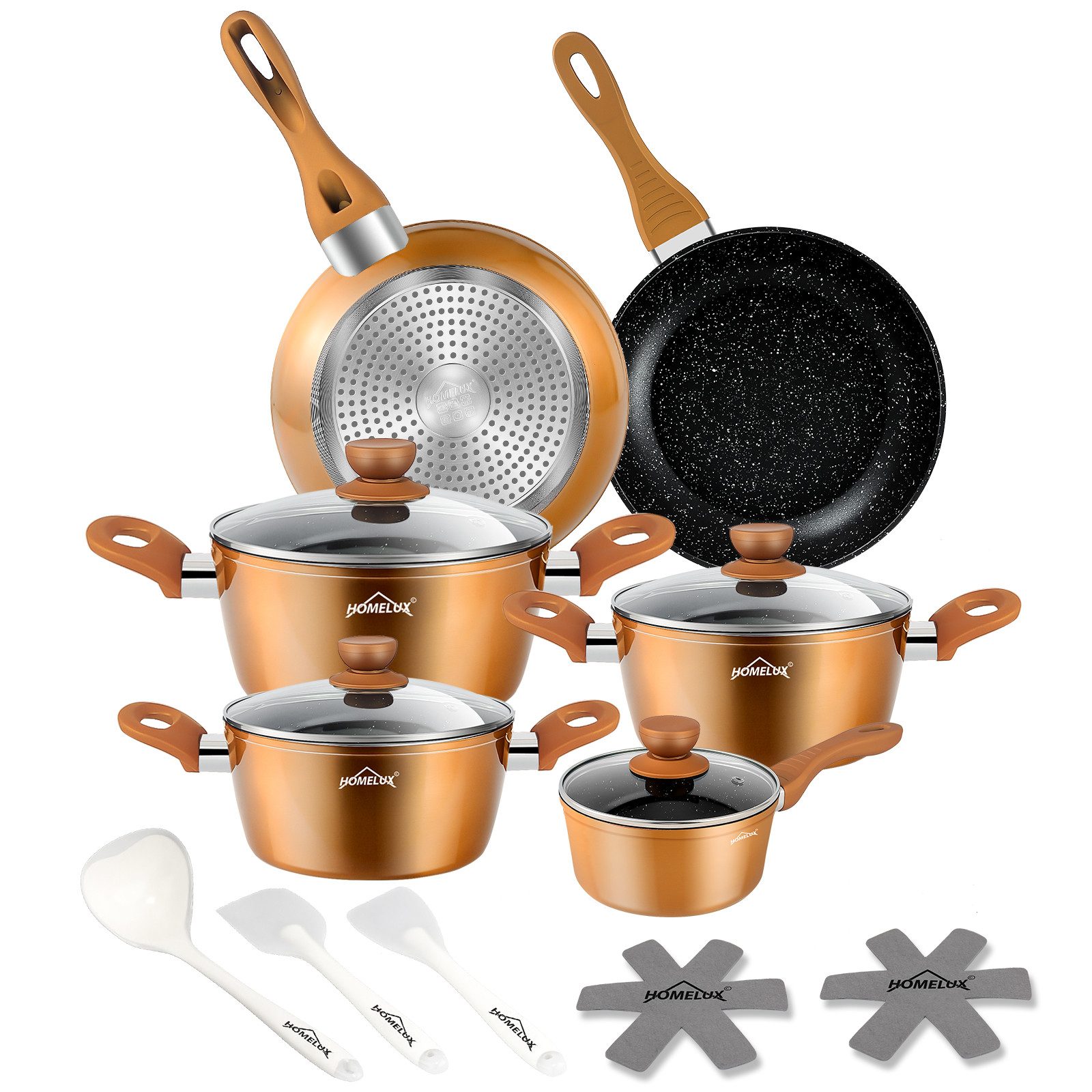 HOMELUX Topf-Set Induktions Töpfe Set Classic Antihaftbeschichtung Kochtopfset, Aluminium (Kochgeschirr-Set, 15-tlg., 3x Kochtopf, 2x Bratpfanne,1x Saucentopf,4x Glasdeckel,5x Zubehör), Induktionsgeeignet