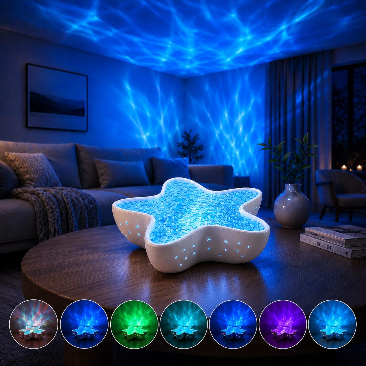 ANYSUN LED-Sternenhimmel Projektor Seestern Sternenprojektor Lampe mit 7 Lichtmodi, stufenlos dimmbar, 1200 mAh Akku, LED fest integriert, USB-C wiederaufladbar Nachtlicht für Kinder Erwachsene, Schlafzimmer
