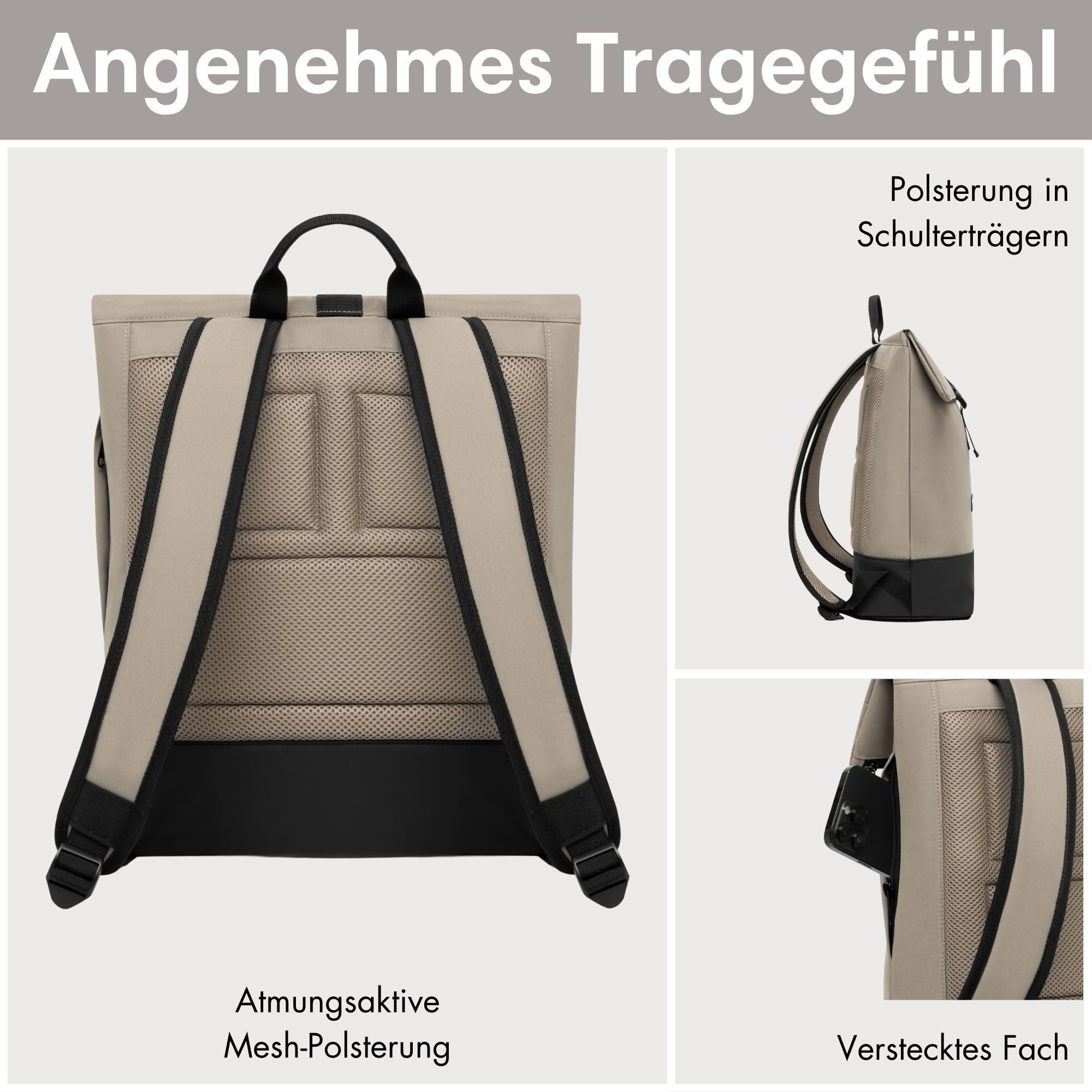 LARKSON Cityrucksack TAMMO, Rolltop Damen Herren, Laptop Fach (1-tlg), Flexible Größe, Wasserabweisend