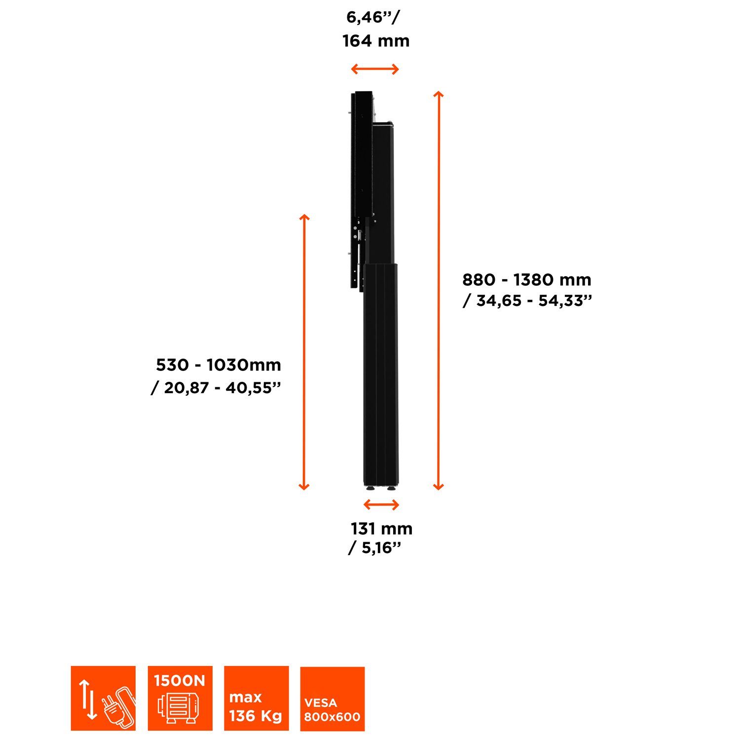 Display-Ständer Adjust-4275WB (bis höhenverstellbar, 800 max - Celexon 75 TV-Wandhalterung, Hub x Wandbefestigung 600, VESA schwarz) mit 50cm Zoll, elektrisch