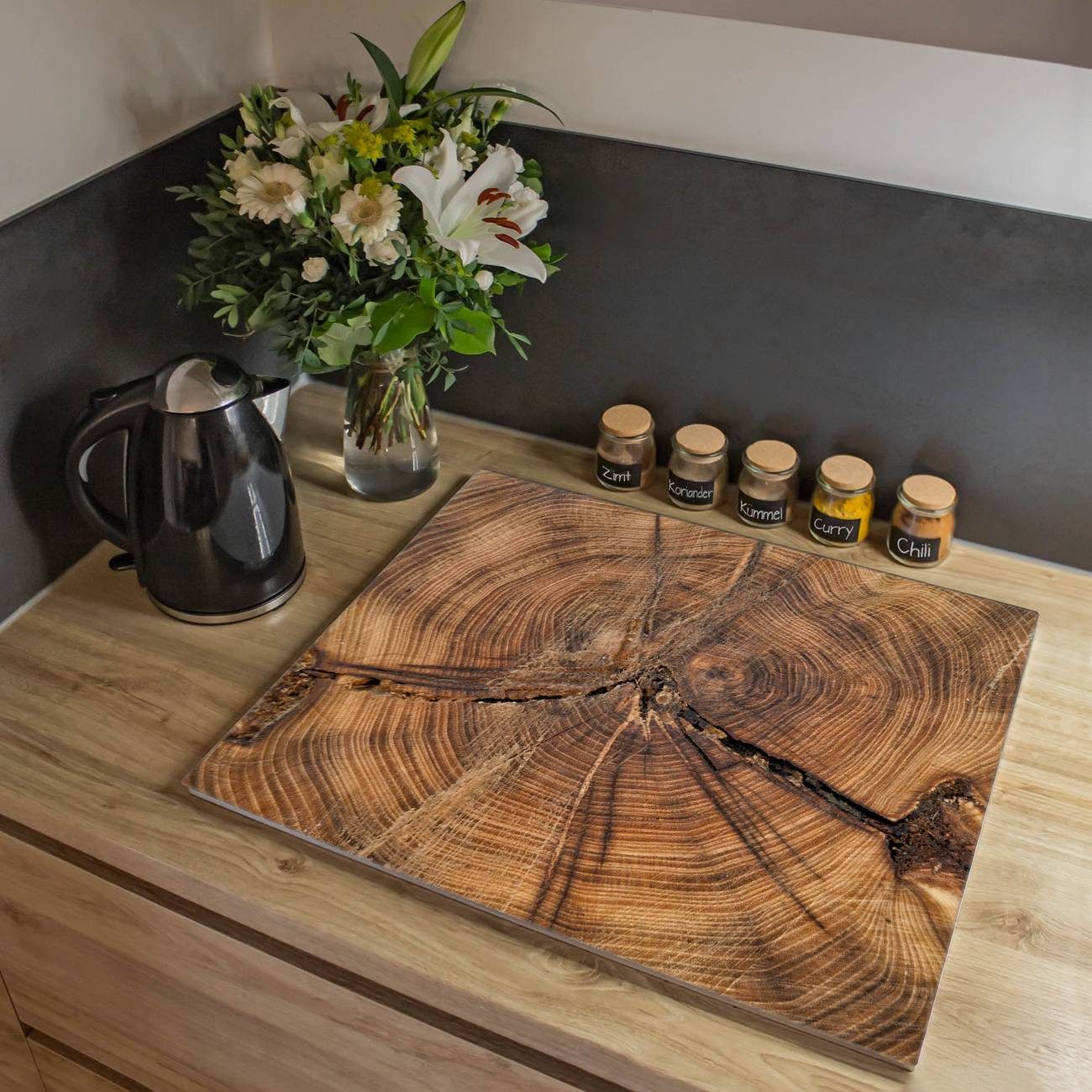 banjado Herd-Abdeckplatte Glas Jahresringe, (gehärtet, 1 tlg., inkl. selbstklebende Gummifüßchen)