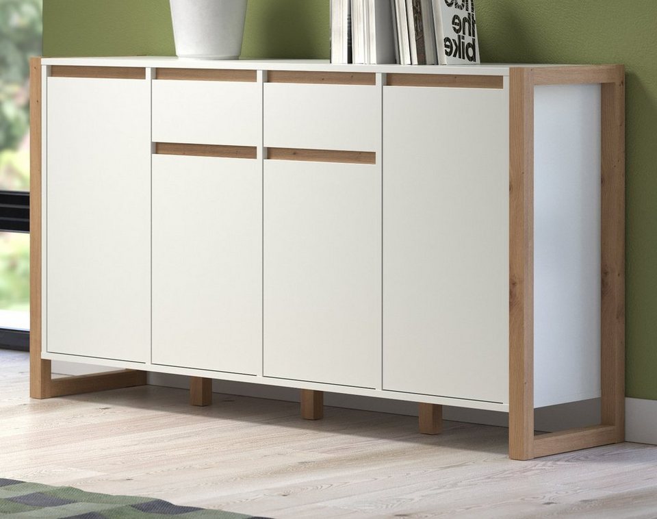 trendteam Sideboard Dakota (Kommode 4-türig in weiß mit Eiche Artisan, 147  x 86 cm), mit 10 Fächern