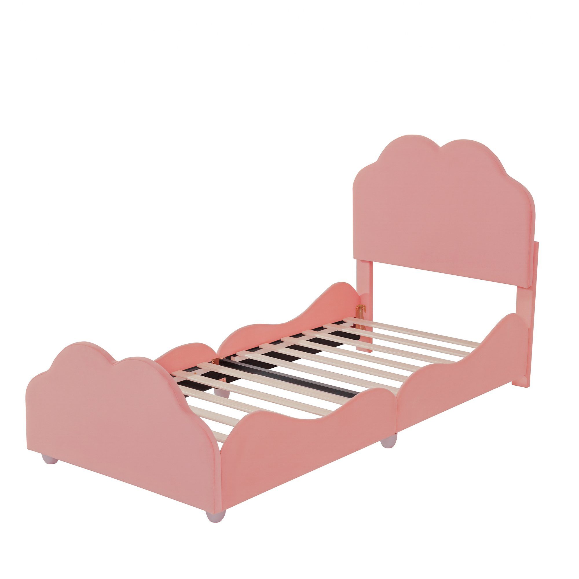 WISHDOR Einzelbett Bett 200 wolkenförmigem x Samt mit Gästebett, cm Kopf- Ohne Fußteil), (hohes Geländer-Kinderbettgestell, und Polsterbett Kinderbett 90 Matratze rose