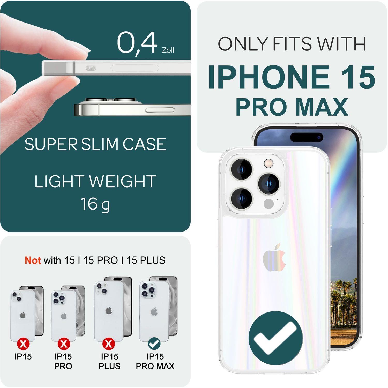 Nalia Smartphone-Hülle Apple iPhone 15 Pro Max 17 cm (6,7 Zoll), Klare Hartglas Hülle / Regenbogen Effekt / Bunt Glänzend / Kratzfest – Bild 4 von 5