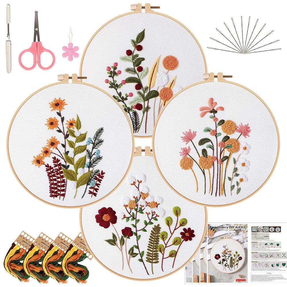 FOUORTUNATE-BEE Kreativset 4-teiliges Handstick-Set für Anfänger mit Blumen-Design, Blumen-Stickset mit Nadel & Faden, 4-teiliges DIY Set