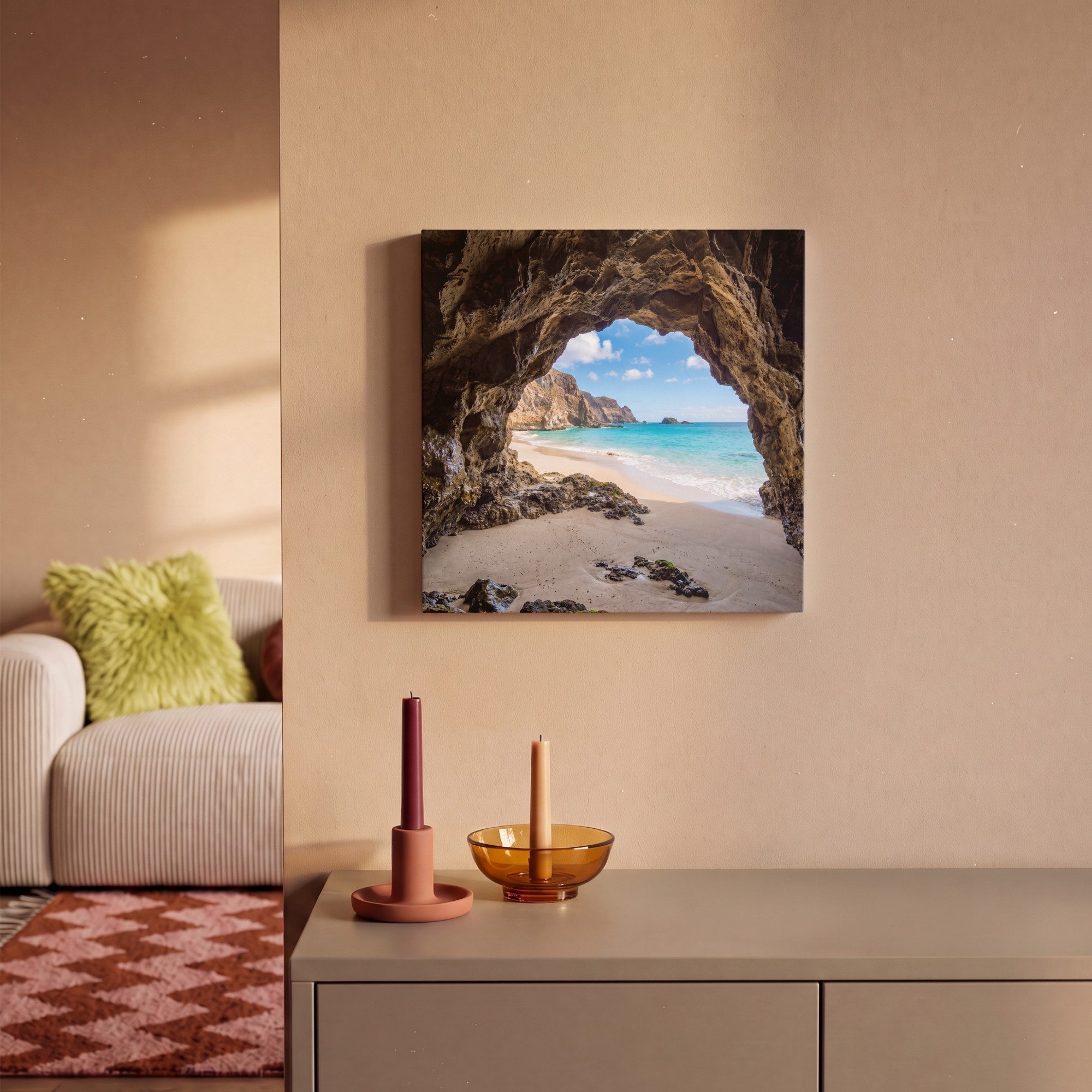 OneMillionCanvasses® Leinwandbild Höhle - Strand - Meer - Blau, Fotodruck (1 St), Leinwand Bilder Klein, Wand Dekoration Aesthetic 30x20 cm – Bild 2 von 5