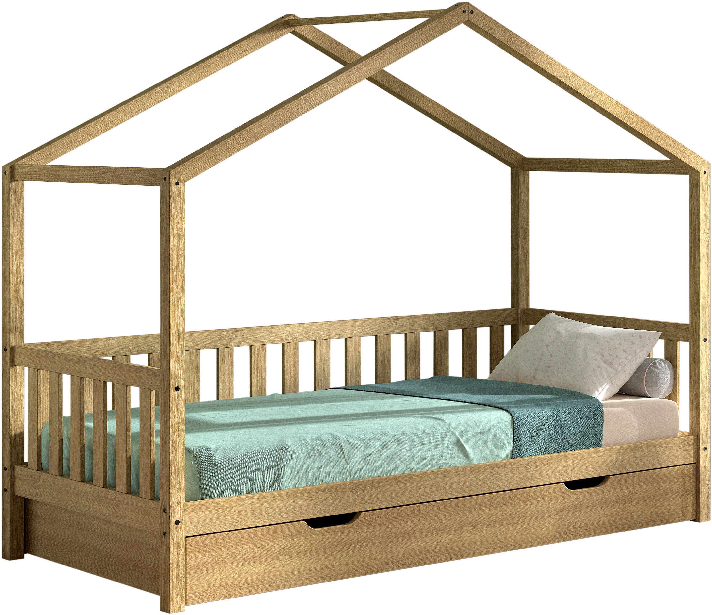 Vipack Hausbett Dallas aus massiver Eiche, natur geölt in zeitlosem Design (B/H/T ca. 210x170x97 cm) inkl. Massivholz Rolllattenrost), hochwertig verarbeitet, mit oder ohne Bettschublade auf Rollen
