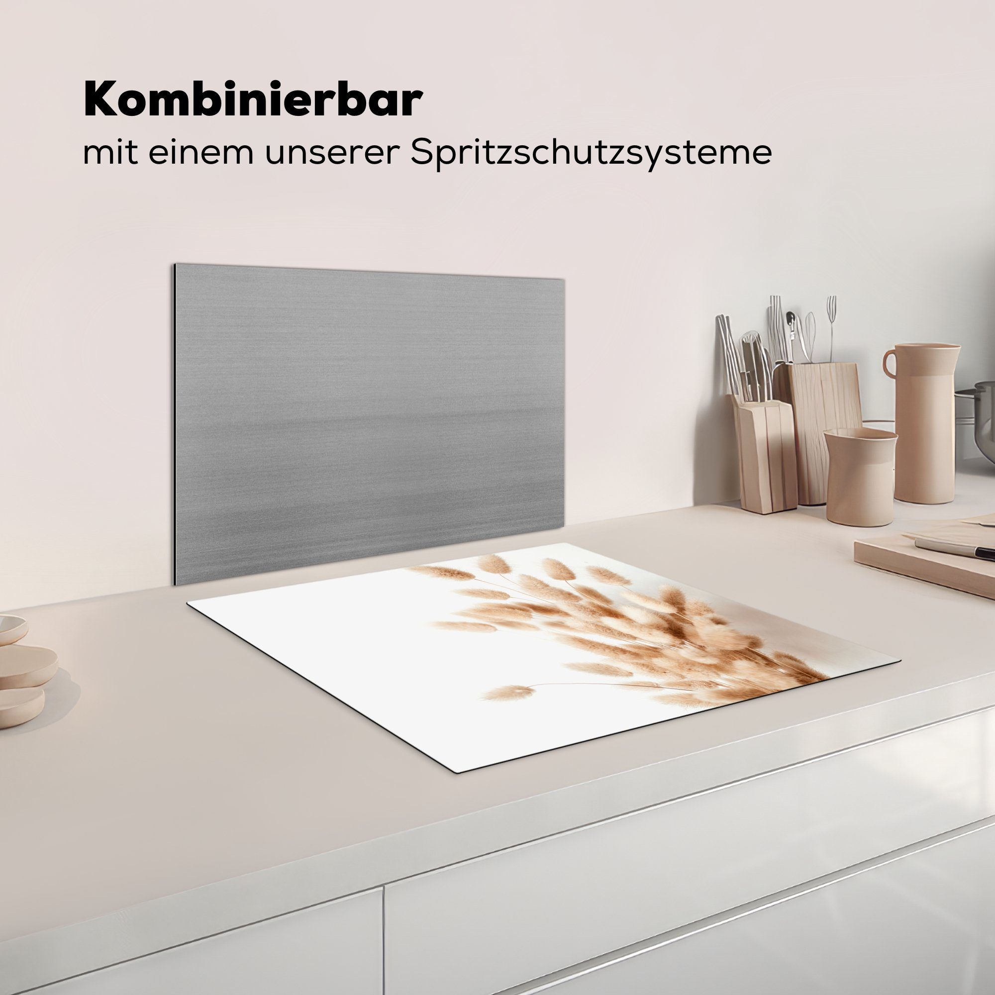 (1 Ceranfeldabdeckung MuchoWow Pampasgras tlg), Beige, Flieder Herdblende-/Abdeckplatte Vinyl, Weiß - Arbeitsfläche Mobile - - cm, 60x52 nutzbar,