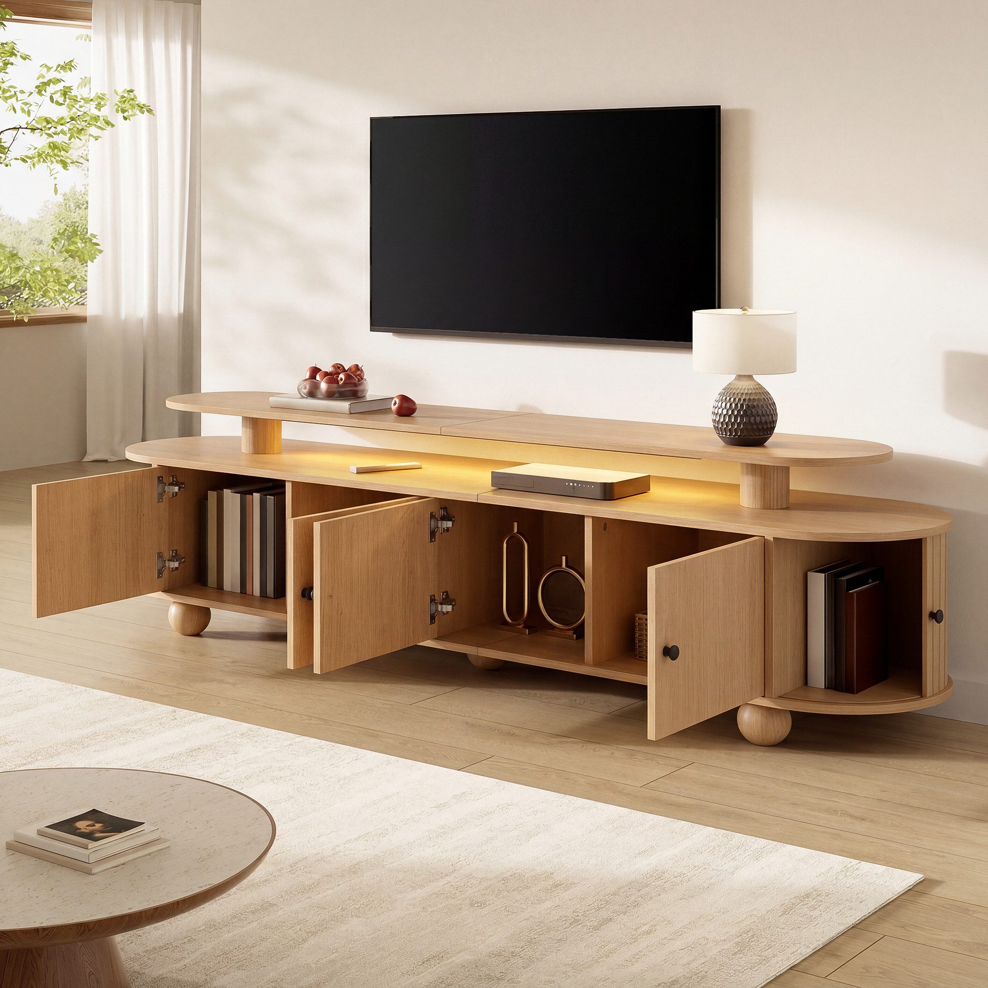BlingBin TV-Schrank Lowboard Fernsehtisch mit LED Holzoptik Natur abgerundete Kanten 180cm (1 Packung, 1-St., 4 Türen,2seitlichen Schiebetüren,Metallgriffen und kugelförmigen Füßen) Zweistufiges TV-Board,Wohnzimmerschrank mit Stauraum, Wohnzimmer Möbel