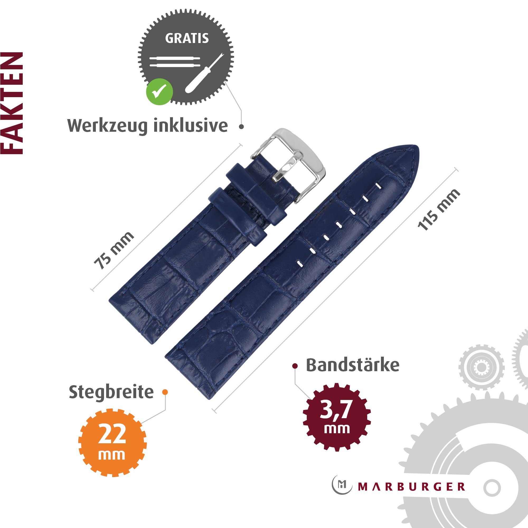 MARBURGER Uhrenarmband 22mm Leder Alligator Prägung