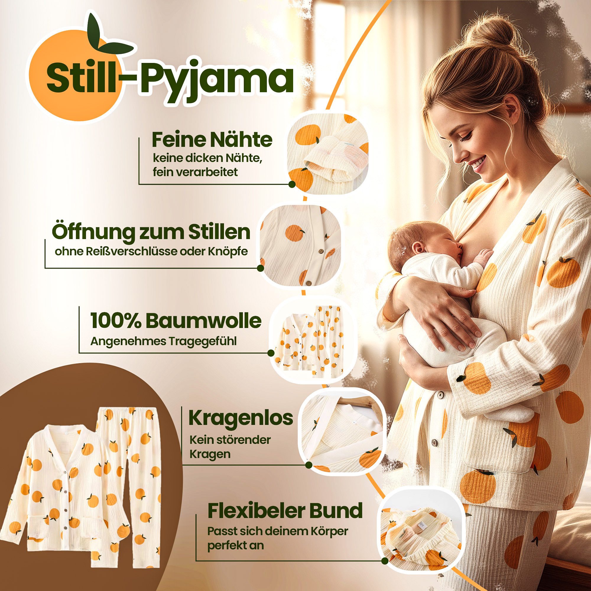 NuNi Umstandspyjama NuNi Still-Pyjama 100% Baumwolle (Set) Knopfleiste, seitliche Öffnung zum stillen