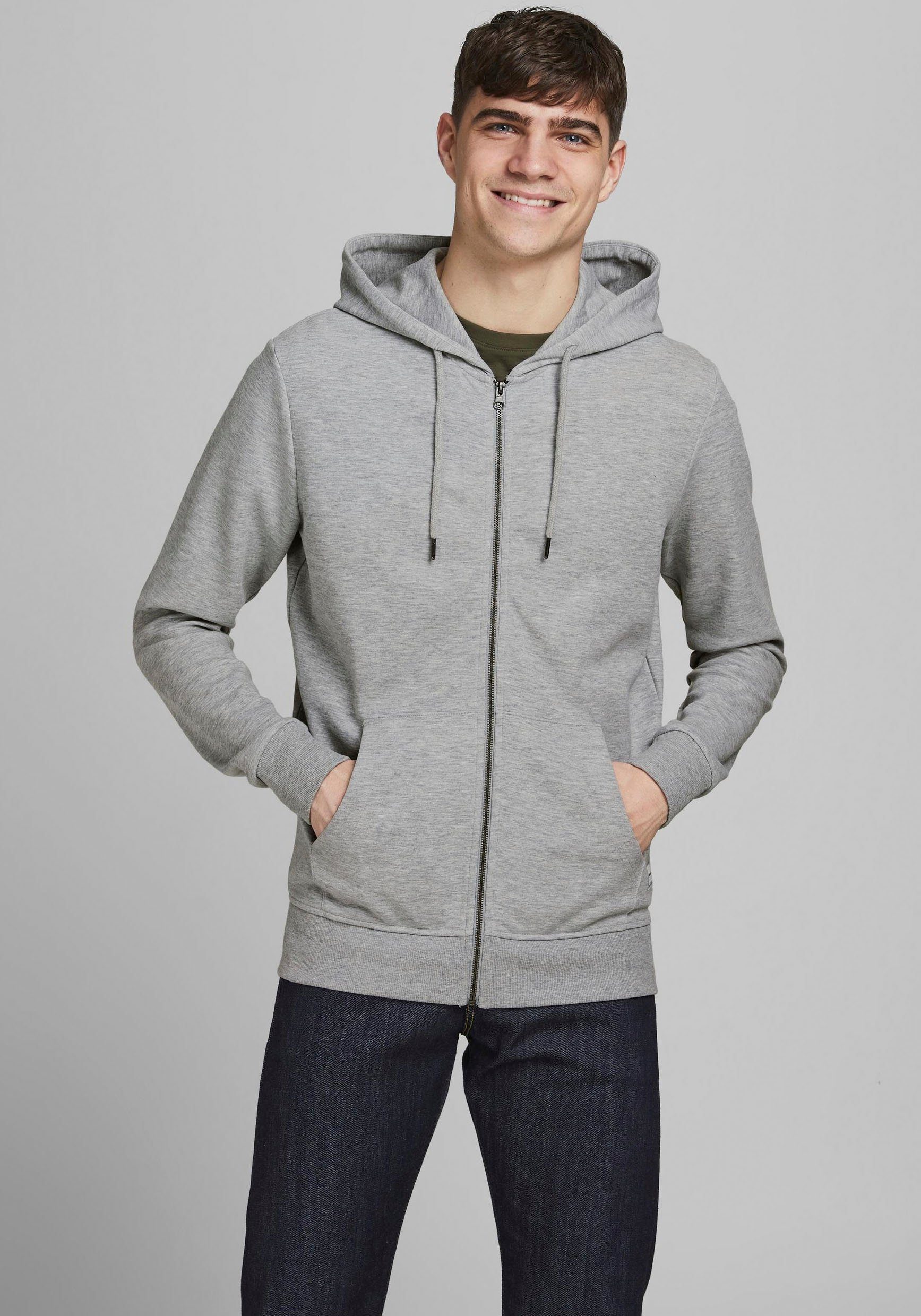 ZIP Kapuzensweatjacke BASIC HOOD SWEAT Jack Jones hellgrau-meliert &