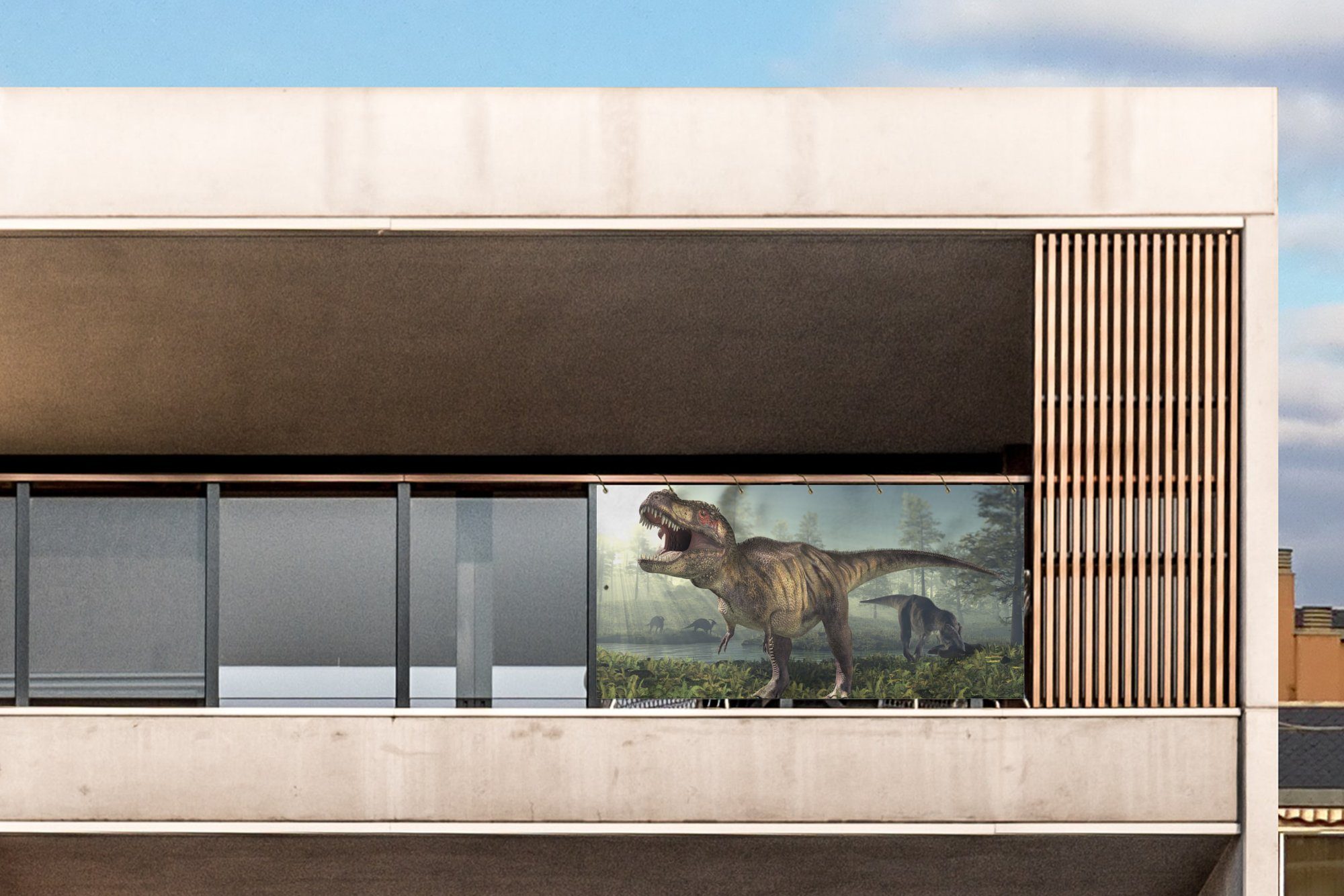 Thumbnail - MuchoWow Balkonsichtschutz Dino - Gras - Zeichnung - Kinder - Jungen (1-St) Balkon Sichtschutz 90x200, Windschutz für Za...