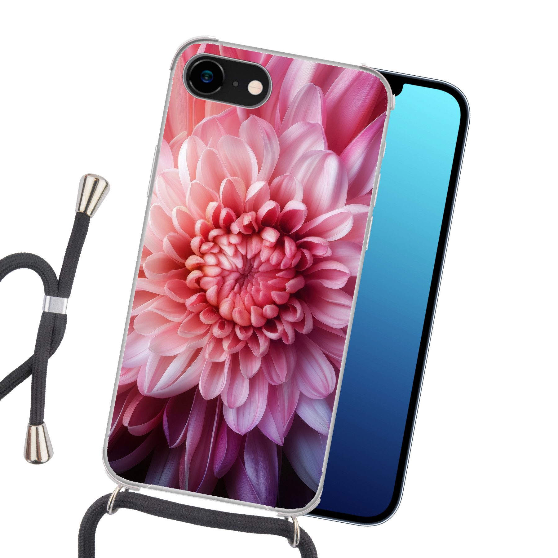MuchoWow Handyhülle für Apple iPhone 8 Dahlie - Blume - Nahaufnahme - Rosa, Tragbare Handyhüllen mit Kette zum umhängen, Handykette Handyband