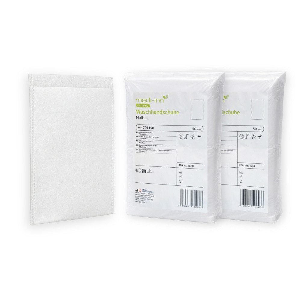 Medi-Inn Einmal-Waschhandschuh Molton, 22 x 15 cm, 50er Pack, 75 g/m², weiß (100-St. 2 x 50 = 100 Stück)