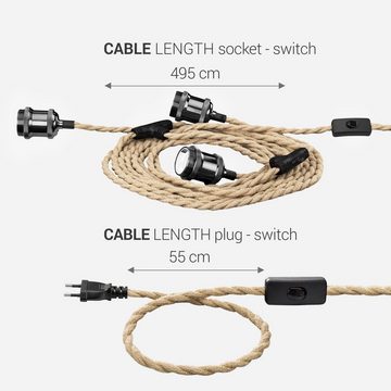 kwmobile Elektro-Adapter, E27 Lampenkabel mit Hanfseil 3 Fassungen - 570cm Kabel mit Schalter Stecker Schraubring - Lampenfassung Stromkabel - Deko Pendelleuchte Hängelampe