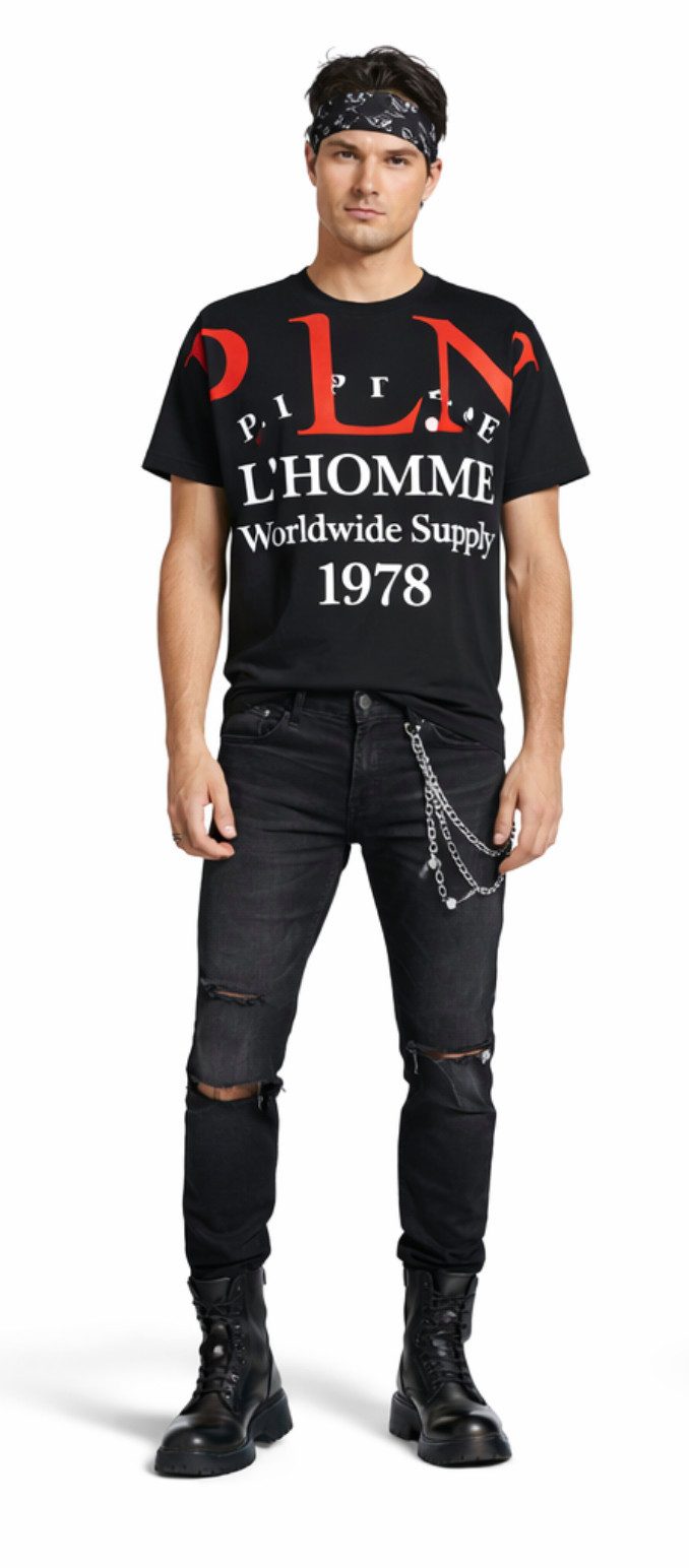 PHILIPP PLEIN T-Shirt Herren Gold Cut P.L.N. Worldwide Supply Shirt geripptem Kragen, ikonischer Schriftzug, Doppelt genähte Säume