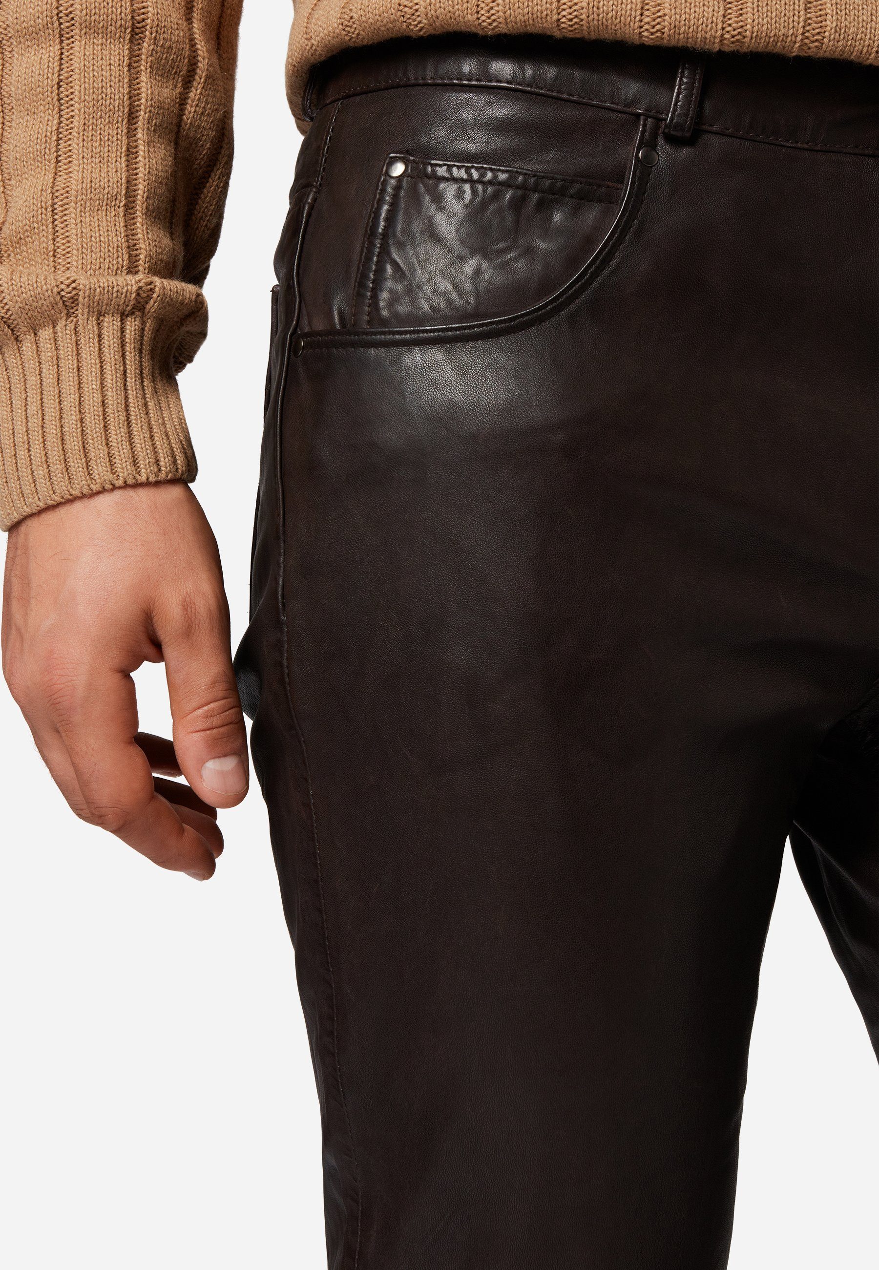Lamm-Nappa Hochwertiges 5-Pocket Leder; Trant Pant Jeans-Optik Lederhose Braun RICANO