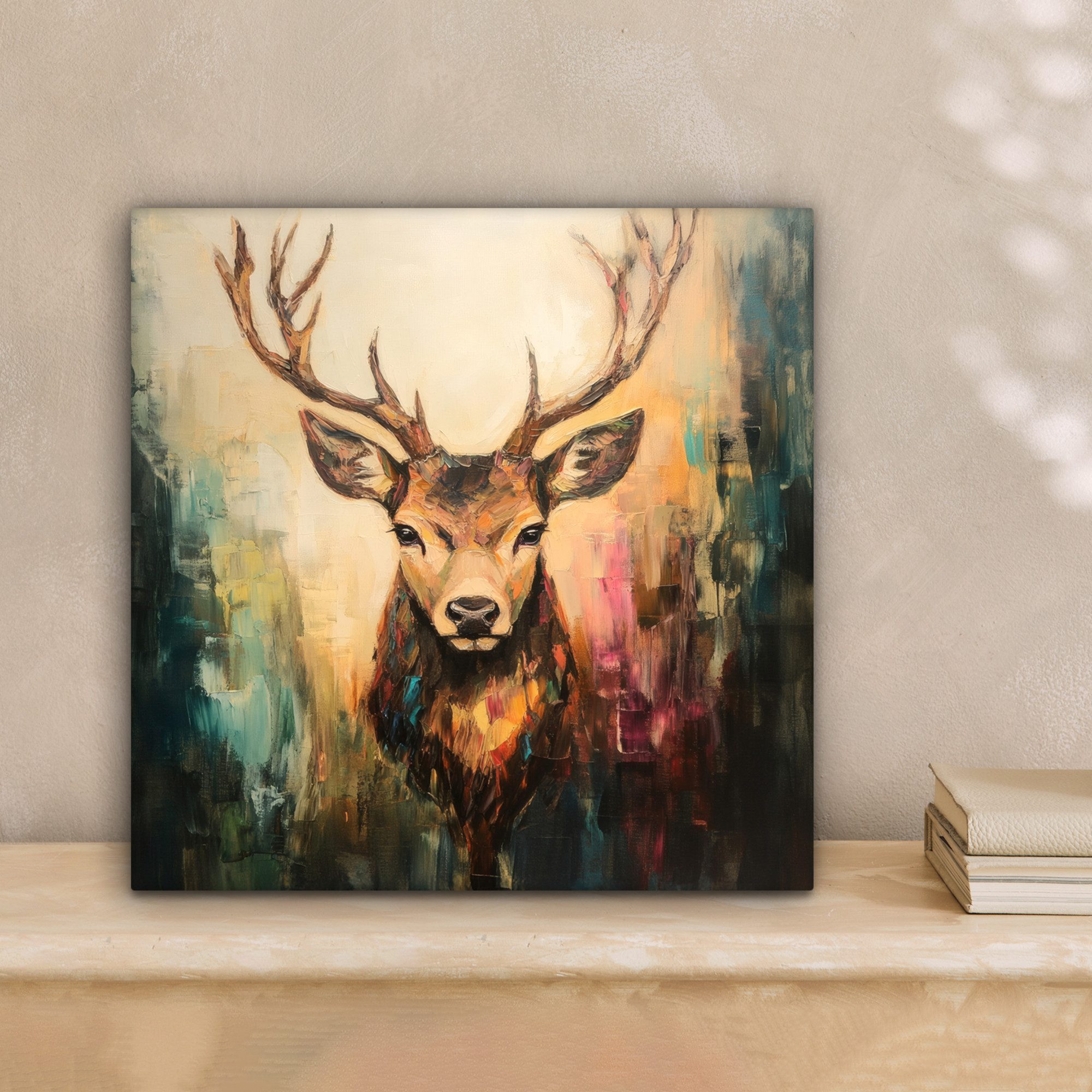 OneMillionCanvasses® Leinwandbild Hirsch - Gemalt - Geweih - Braun, Fotodruck (1 St), Wandbild, Deko Schlafzimmer Wohnzimmer Flur 20x20 cm
