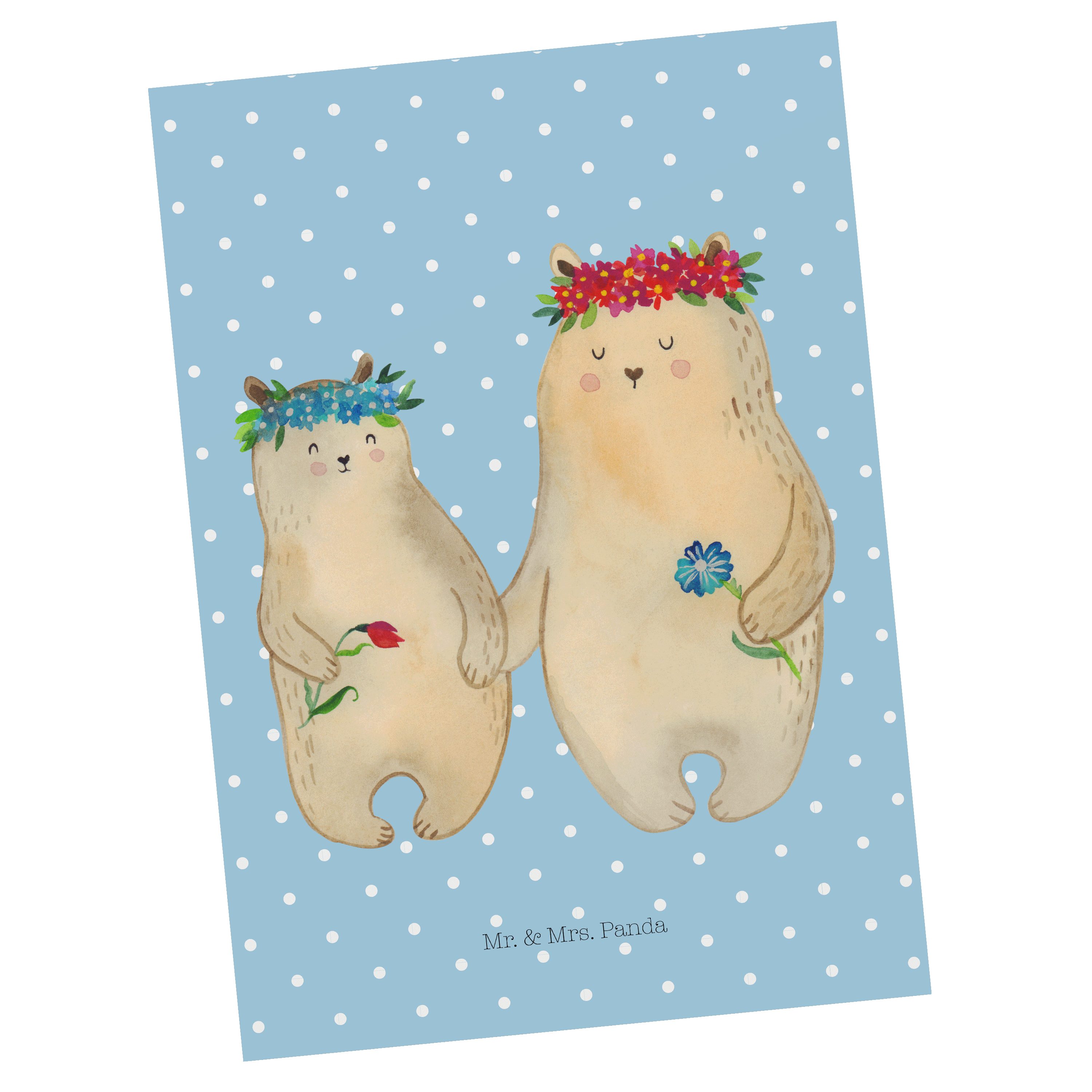 Mr. & Mrs. Panda Postkarte Bären mit Blumenkranz - Blau Pastell - Geschenk, Opa, Tochter, Karte