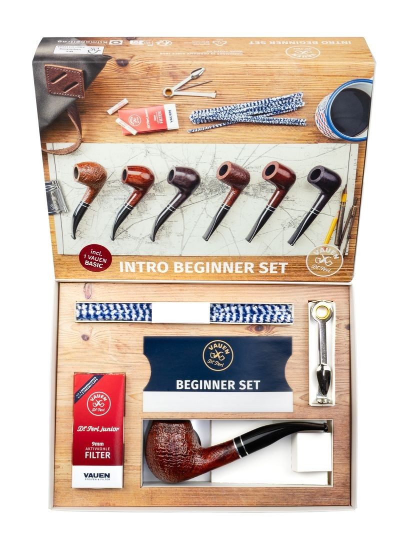 VAUEN Handpfeife Pfeife Intro Starter Set gebogen braun sandgestrahlt, Handmade in Germany - Neuheit Sommer 2026