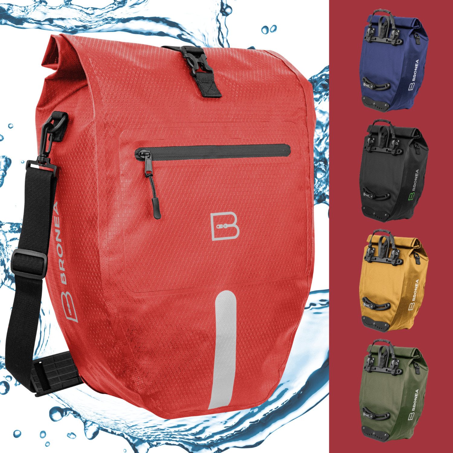 Bronea Fahrradtasche 2-in-1 Gepäckträgertasche für Fahrrad - XXL 28 Ltr - WINERED abnehmbar (Fahrradtasche für Gepäckträger hinten, Wasserdicht & Reflektierend - Laptoptasche), Innovatives verstellbares Click System für alle Gepäckträger