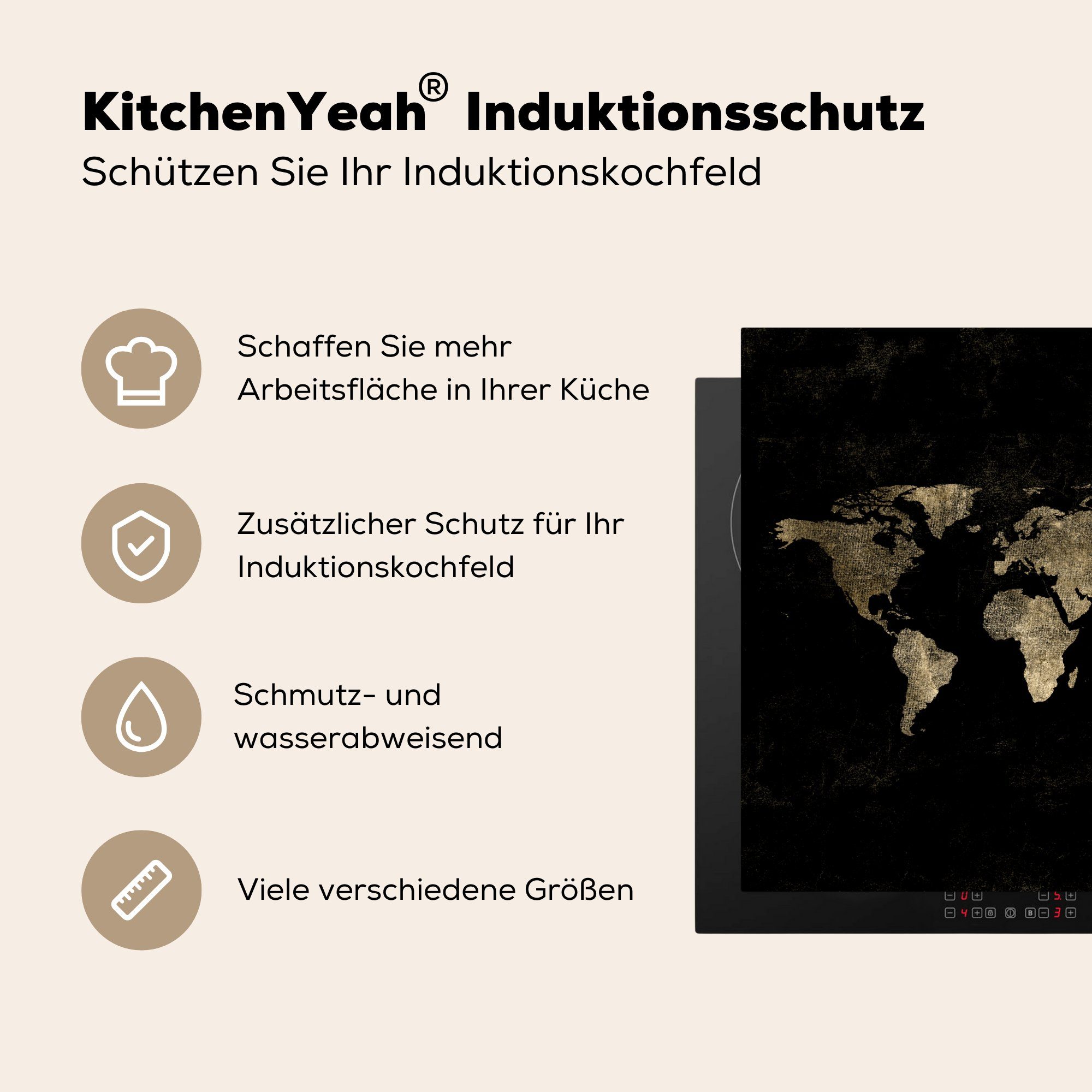 78x78 für Arbeitsplatte küche MuchoWow cm, Gold, Herdblende-/Abdeckplatte Ceranfeldabdeckung, (1 - Weltkarte tlg), Vinyl, Schwarz -