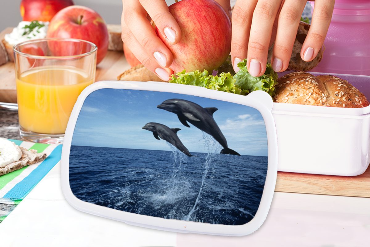 Meer und und (2-tlg), Mädchen MuchoWow Kinder für Kunststoff, Brotdose, für - Jungs Lunchbox Brotbox Tier, weiß Erwachsene, Delfin -